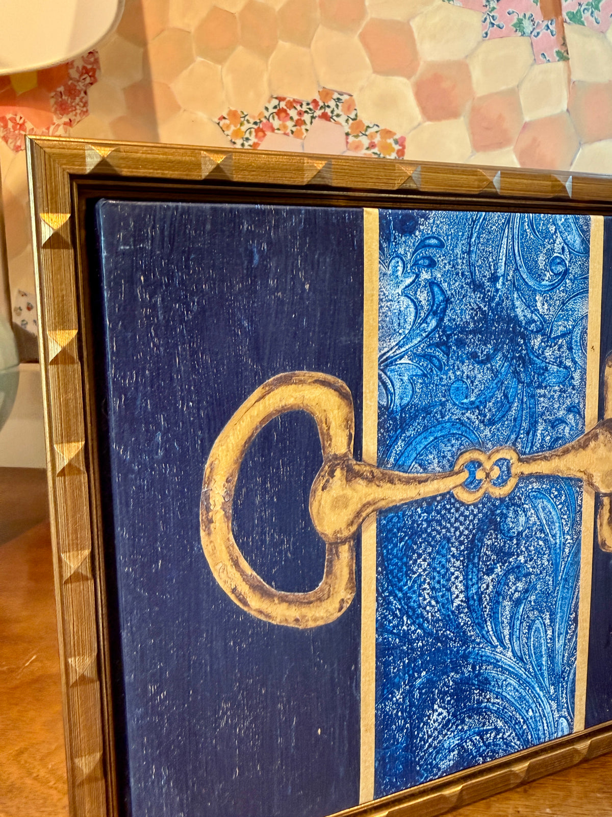 Heather Carey Golden Reins Equestrian Still Life Mixed Media in Gold Floater Frame