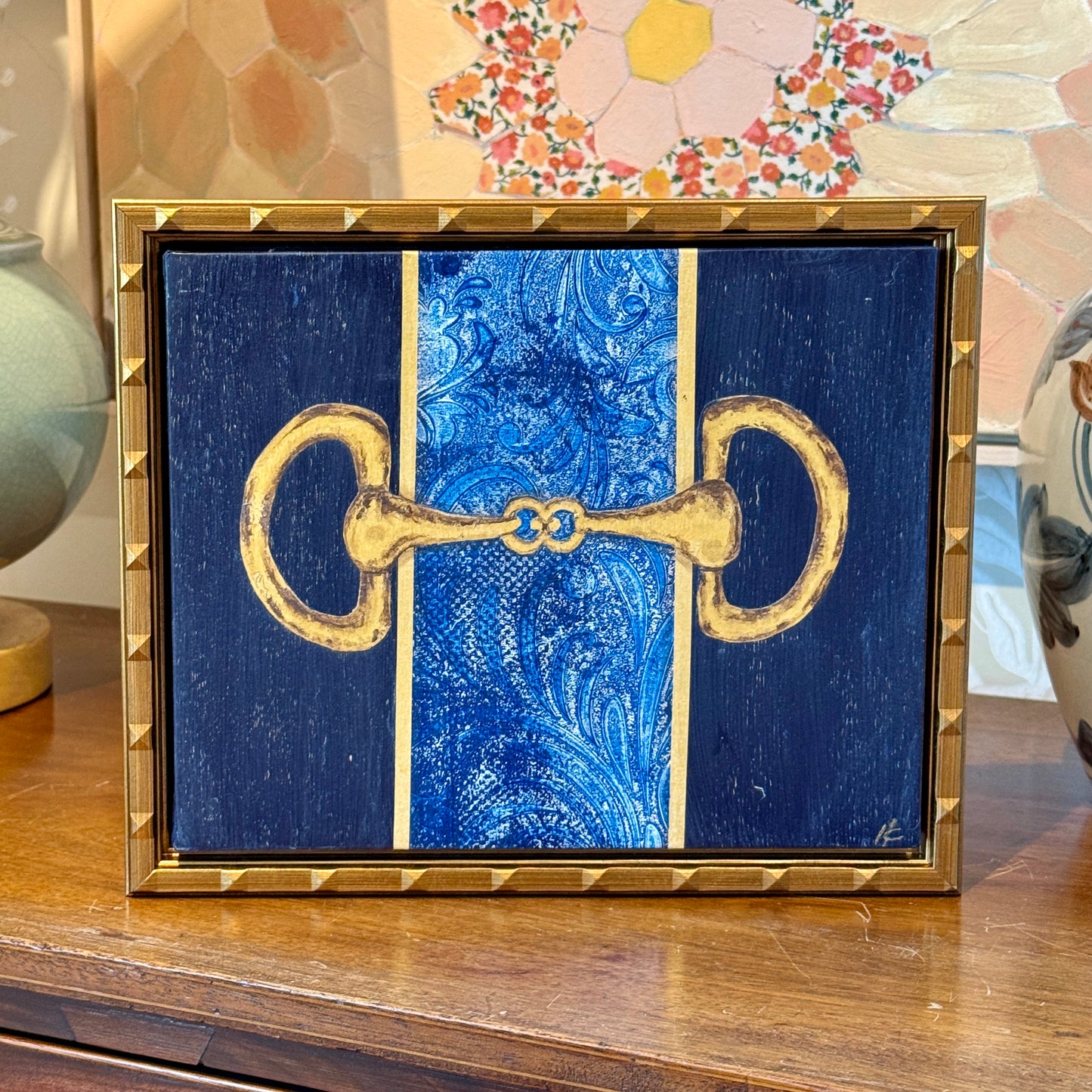 Heather Carey Golden Reins Equestrian Still Life Mixed Media in Gold Floater Frame