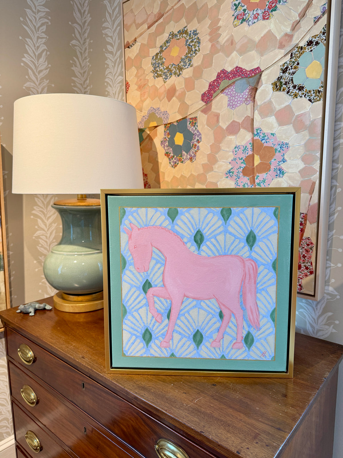 Heather Carey Pretty in Pink Horse Portrait Painting in Gold Floater Frame