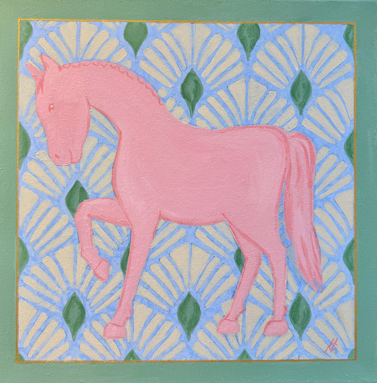 Heather Carey Pretty in Pink Horse Portrait Painting in Gold Floater Frame