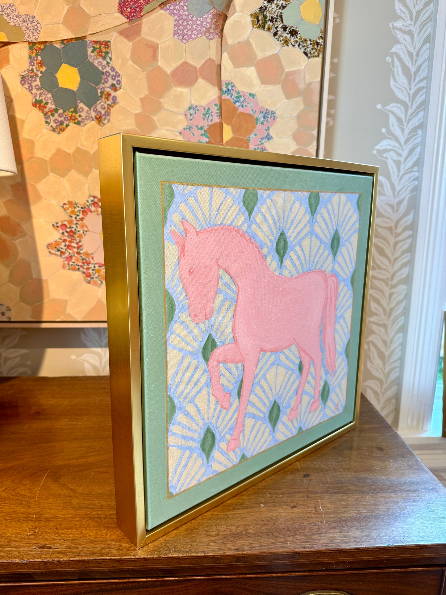 Heather Carey Pretty in Pink Horse Portrait Painting in Gold Floater Frame