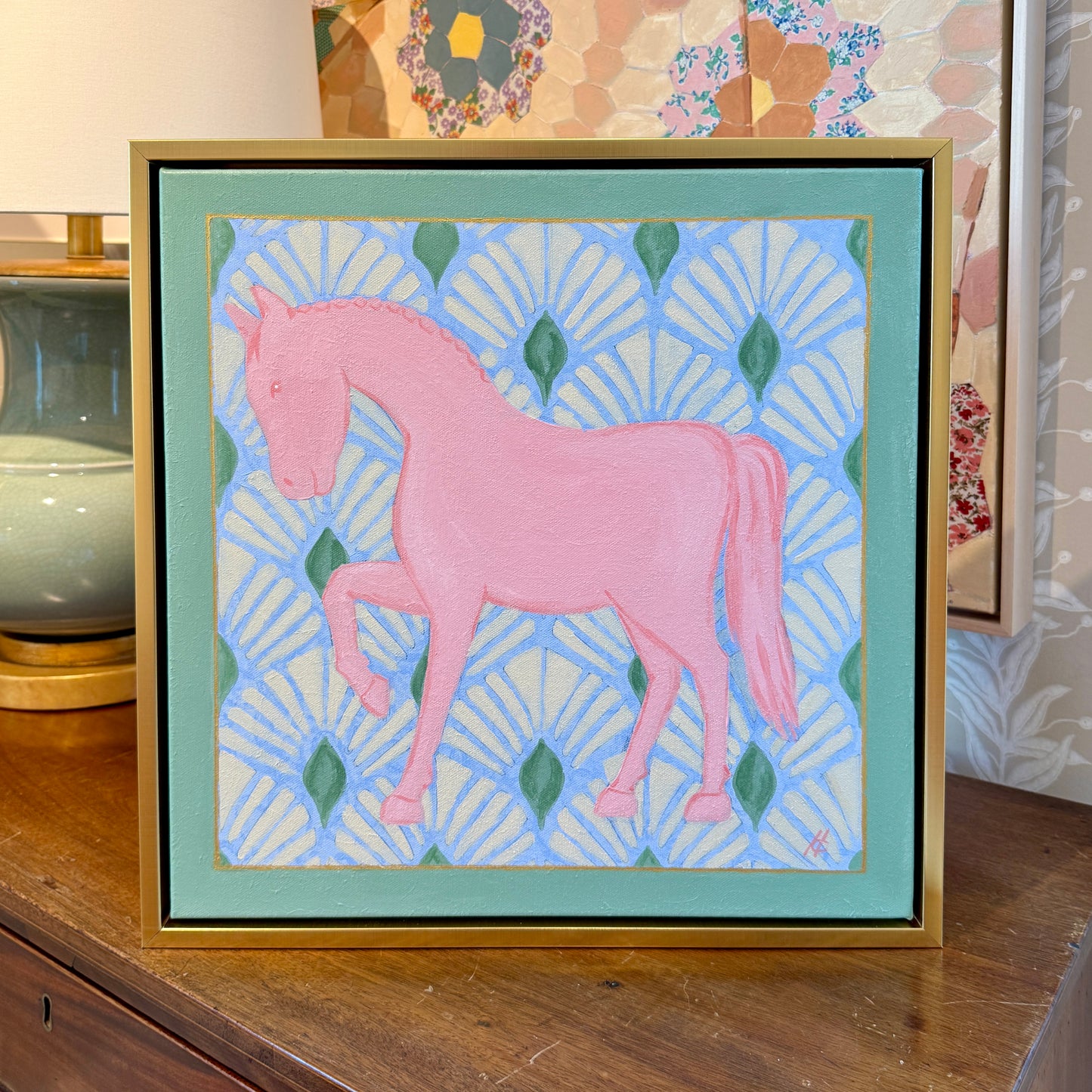 Heather Carey Pretty in Pink Horse Portrait Painting in Gold Floater Frame