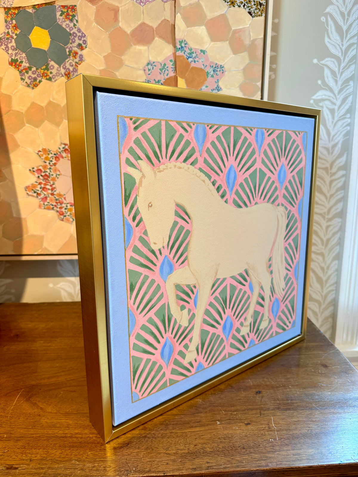 Heather Carey Sunday Best Horse Portrait Painting in Gold Floater Frame
