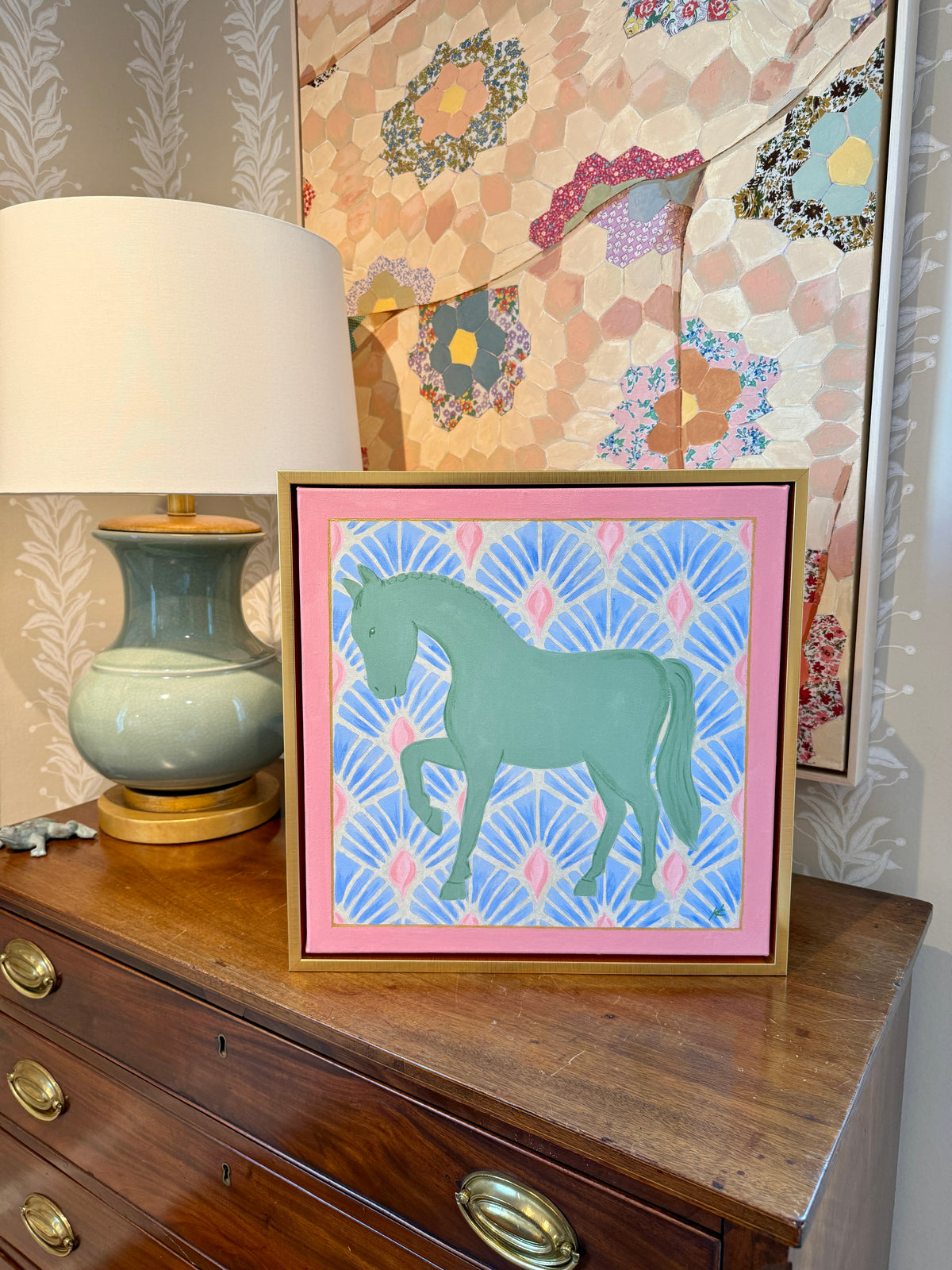 Heather Carey Garden Party Horse Portrait Painting in Gold Floater Frame