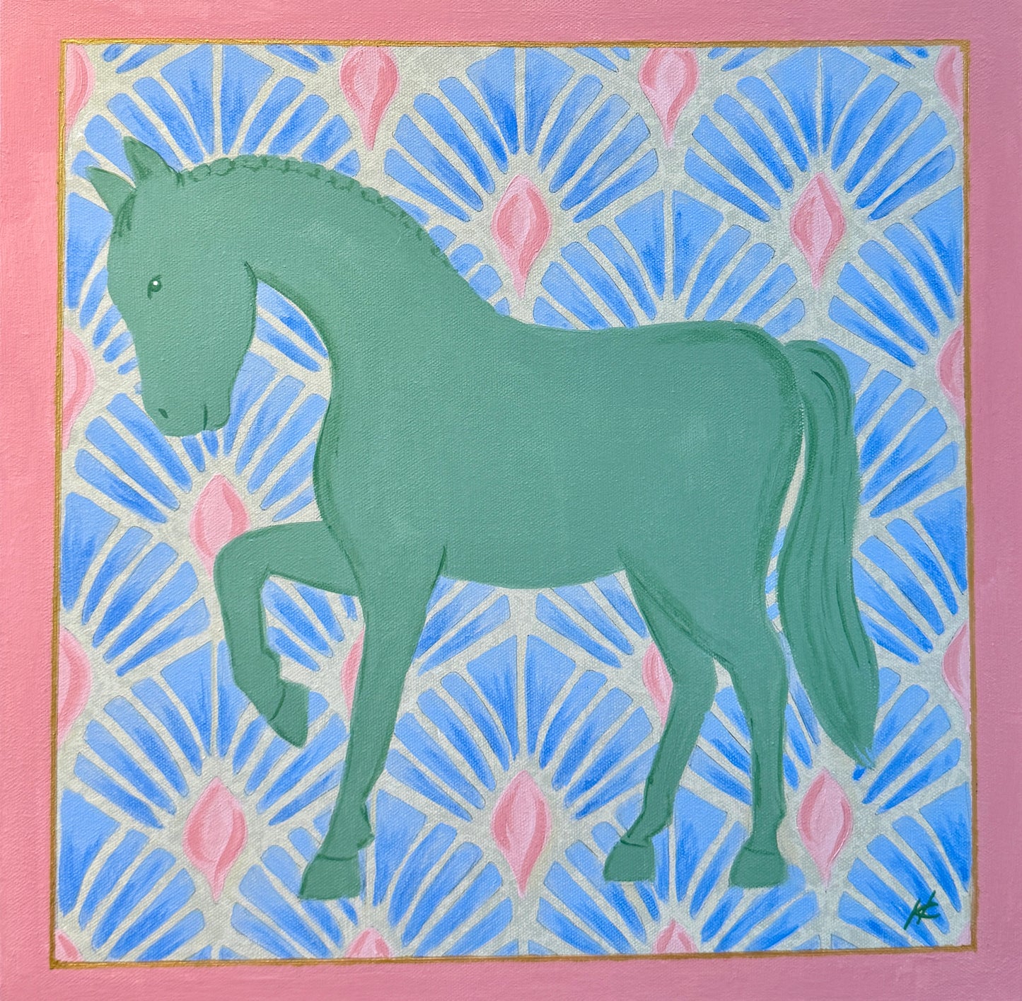 Heather Carey Garden Party Horse Portrait Painting in Gold Floater Frame