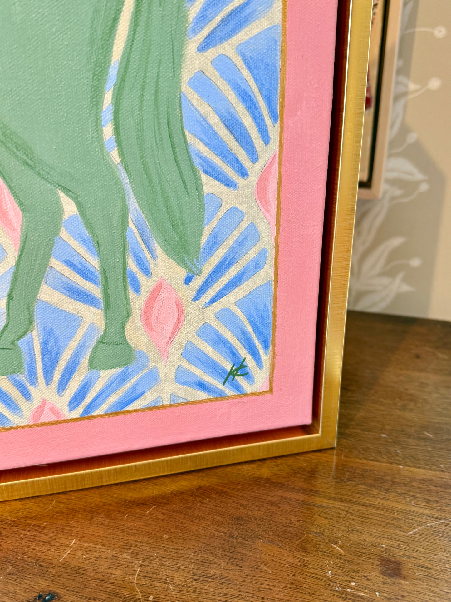 Heather Carey Garden Party Horse Portrait Painting in Gold Floater Frame