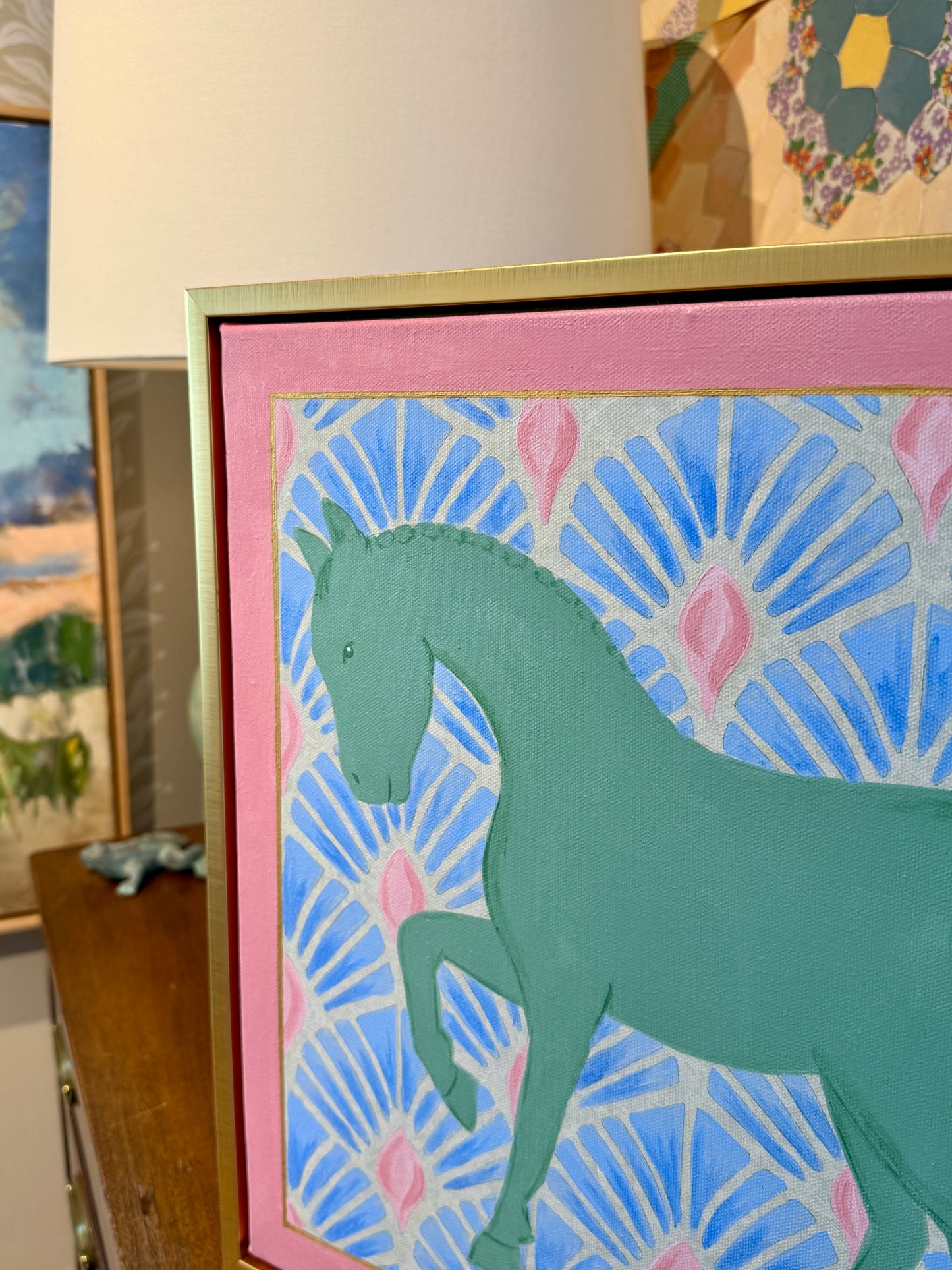 Heather Carey Garden Party Horse Portrait Painting in Gold Floater Frame