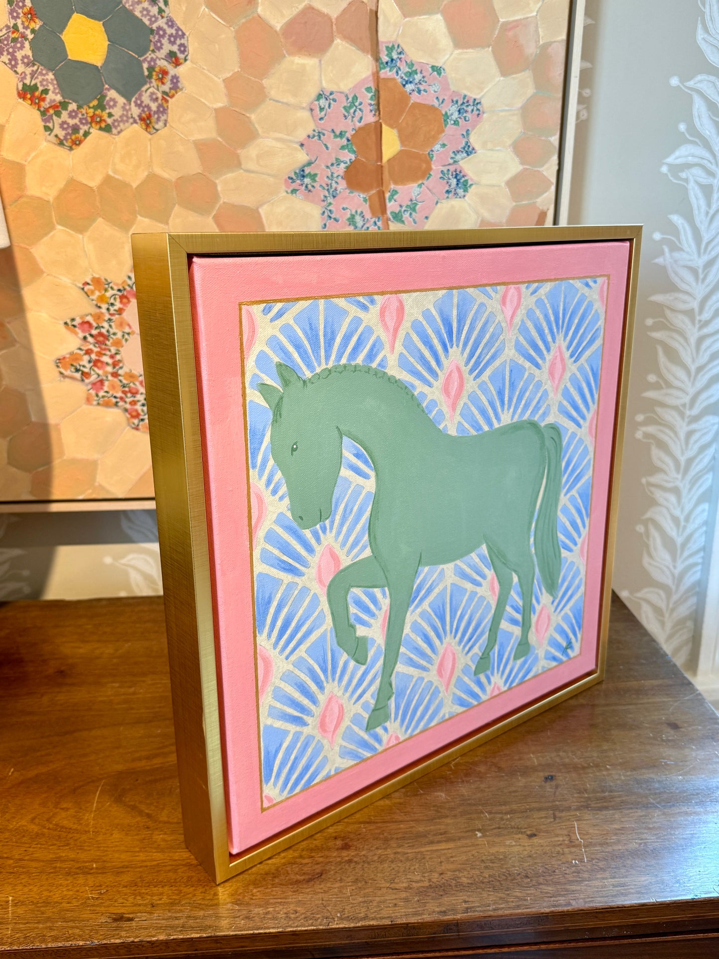 Heather Carey Garden Party Horse Portrait Painting in Gold Floater Frame