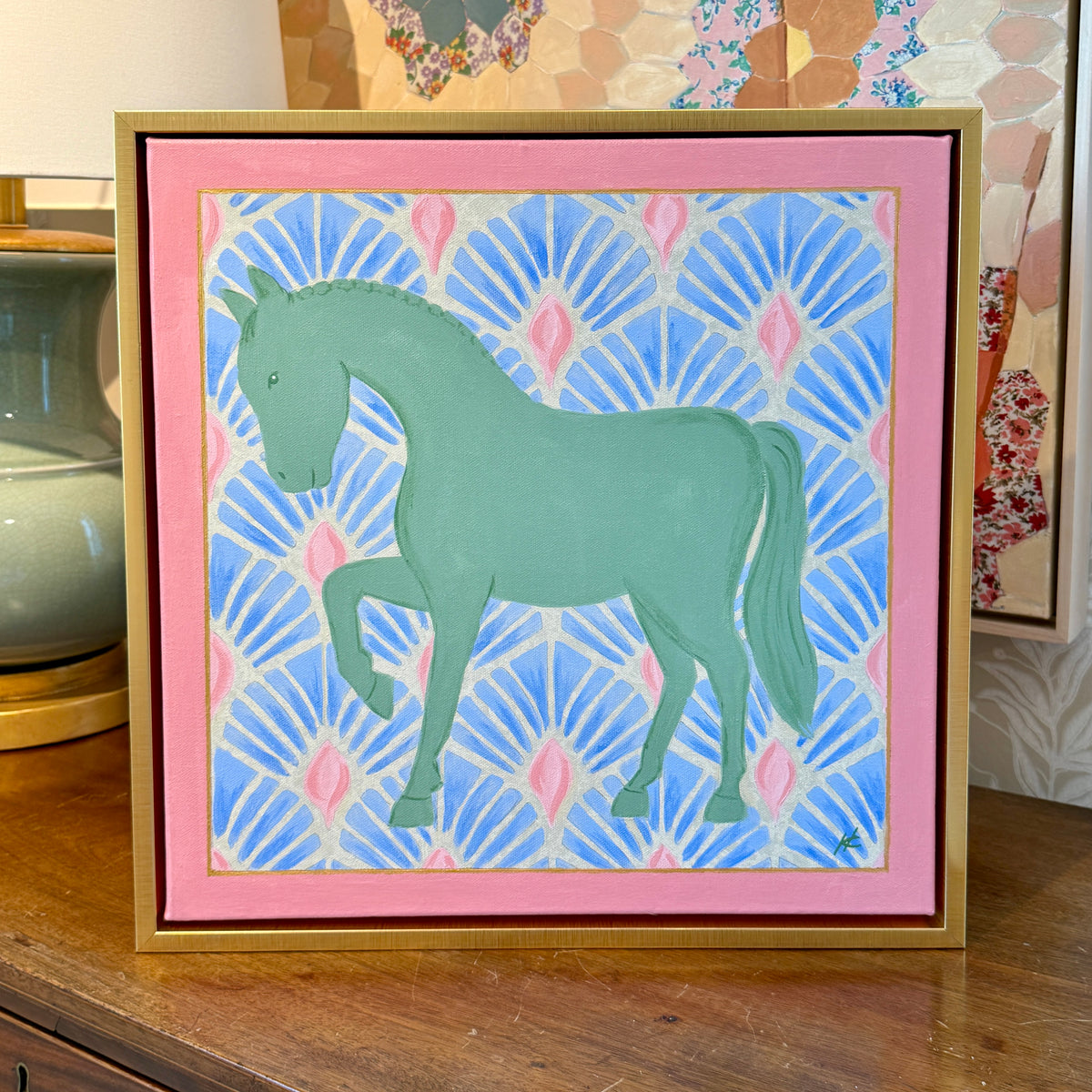 Heather Carey Garden Party Horse Portrait Painting in Gold Floater Frame