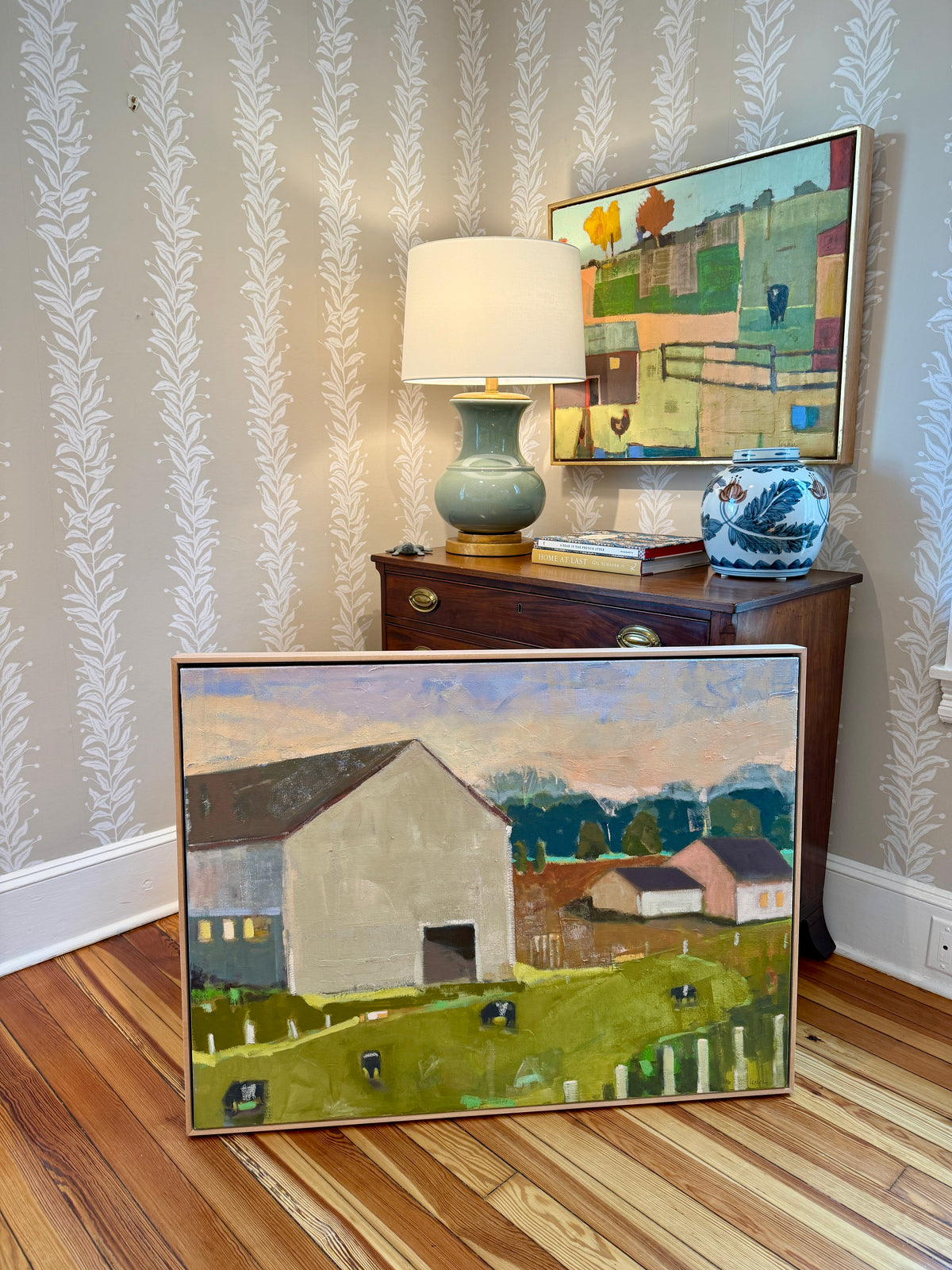 Carol Lesher Calling Landscape Oil Painting in Natural Wood Floater Frame