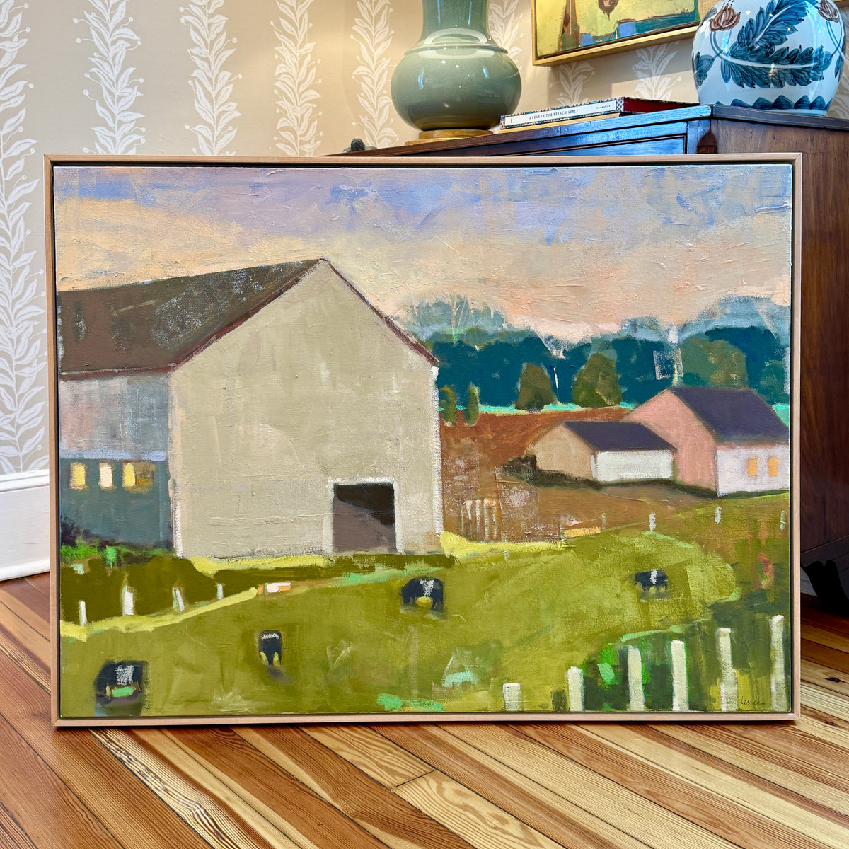 Carol Lesher Calling Landscape Oil Painting in Natural Wood Floater Frame