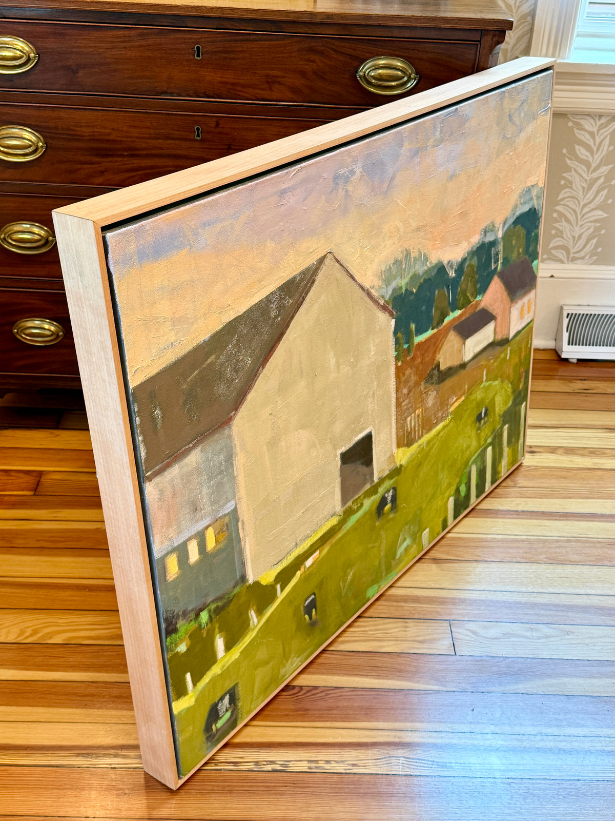 Carol Lesher Calling Landscape Oil Painting in Natural Wood Floater Frame