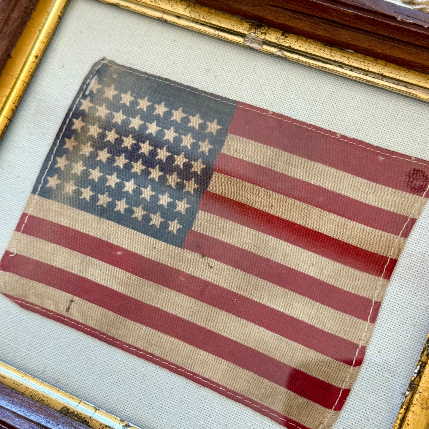 Vintage 48 Star American Flag in 19th C. Oak Leaf Wood Frame
