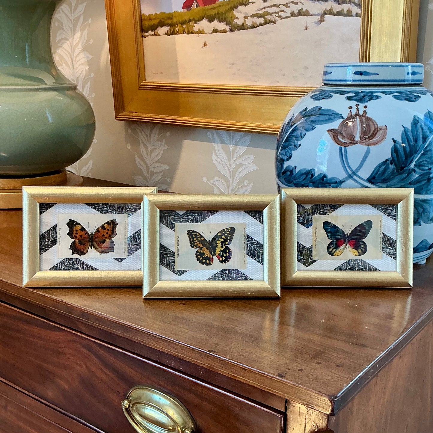 Set of Three Antique Butterfly Tobacco Silks on Black and White Zigzag in Gold Frames