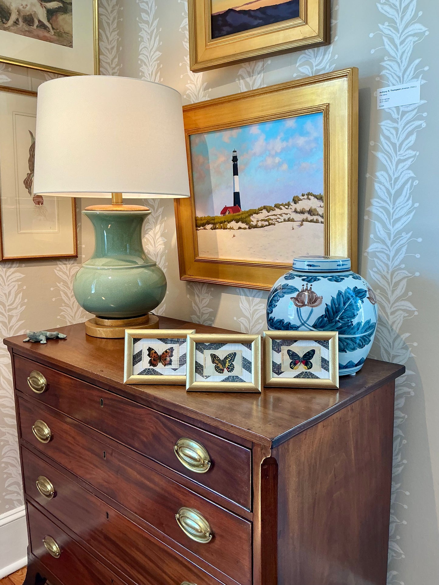 Set of Three Antique Butterfly Tobacco Silks on Black and White Zigzag in Gold Frames