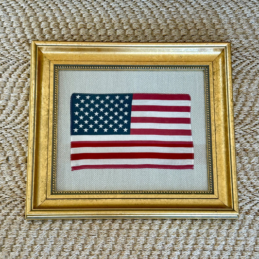 Vintage 50 Staggered Star American Flag on Neutral Heringbone Fabric in Gold Frame