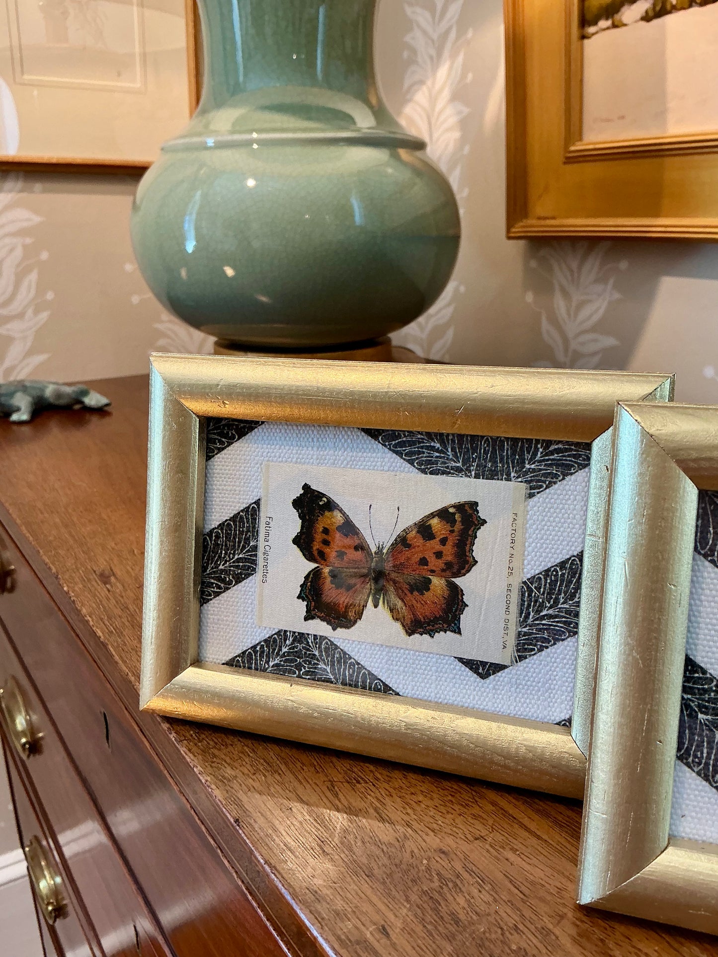 Set of Three Antique Butterfly Tobacco Silks on Black and White Zigzag in Gold Frames