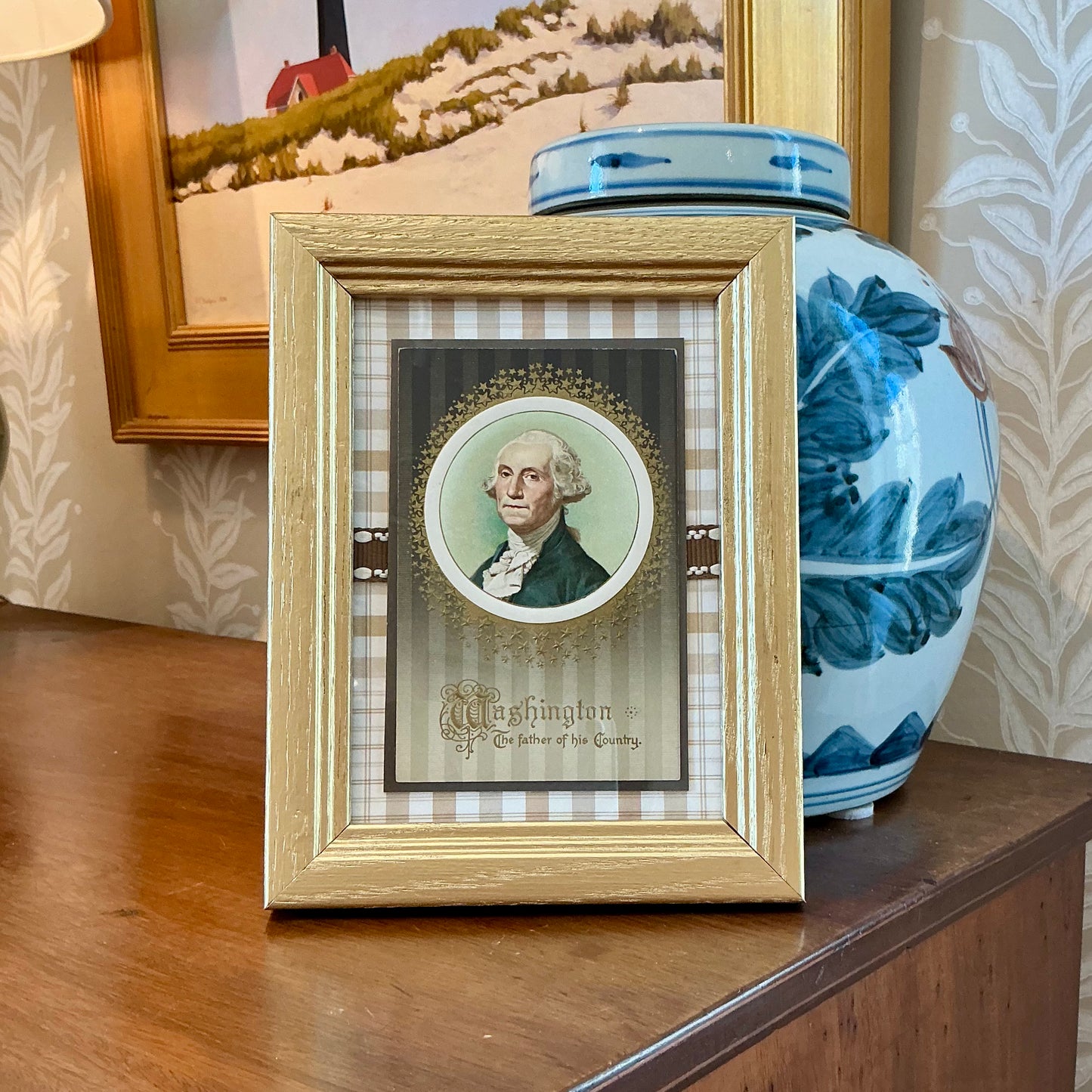 Early 20th Century George Washington Postcard on Brown Plaid in Gold Frame