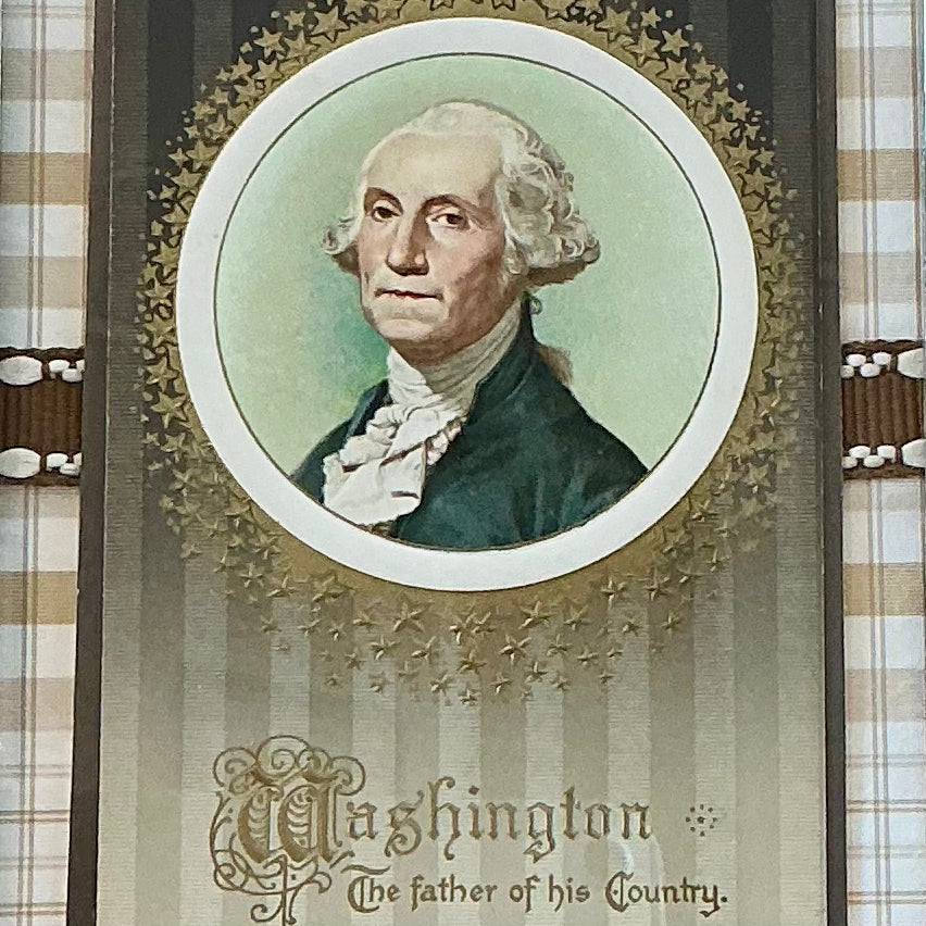 Early 20th Century George Washington Postcard on Brown Plaid in Gold Frame