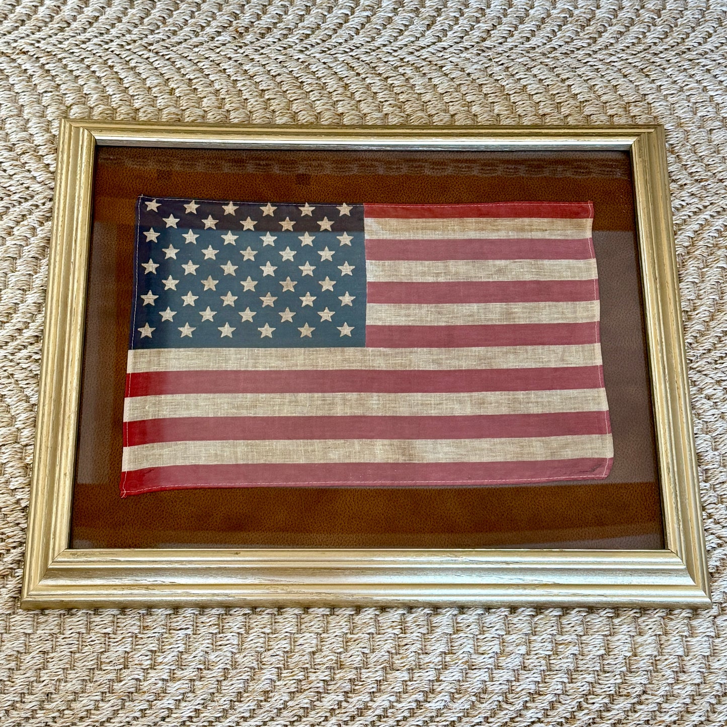 Vintage 50 Star American Flag on Faux Leather in Gold Frame