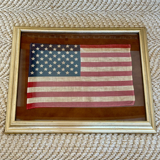 Vintage 50 Star American Flag on Faux Leather in Gold Frame