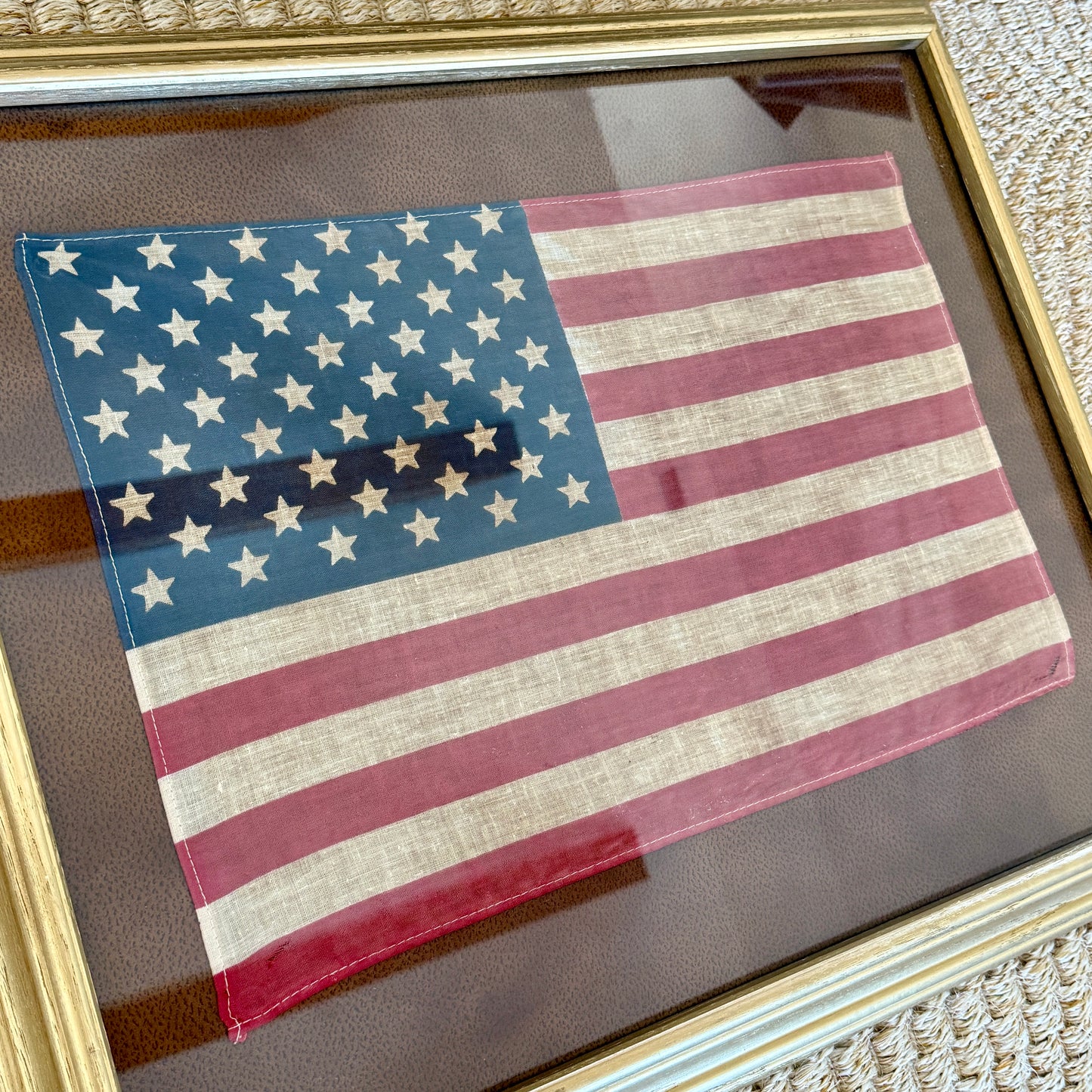 Vintage 50 Star American Flag on Faux Leather in Gold Frame