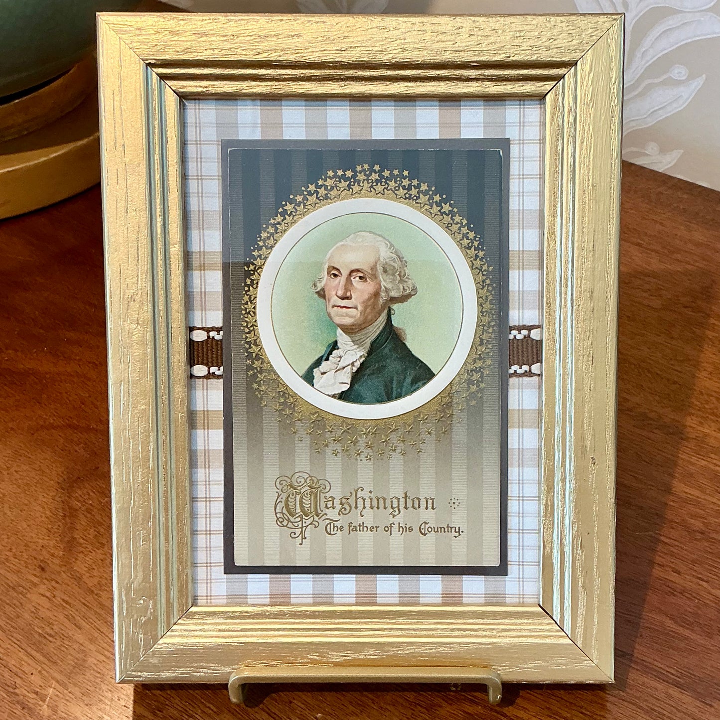 Early 20th Century George Washington Postcard on Brown Plaid in Gold Frame