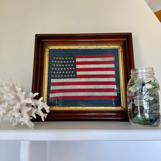 Antique 48 Staggered Star American Flag on Navy Tweed In 19th Century Wood and Gilded Frame