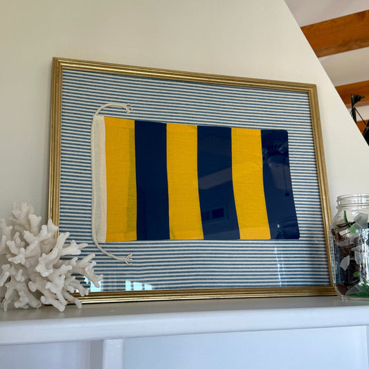 Vintage Cotton Canvas Nautical Yachting "G" Signal Flag on Blue Ticking Stripe in Gold Frame