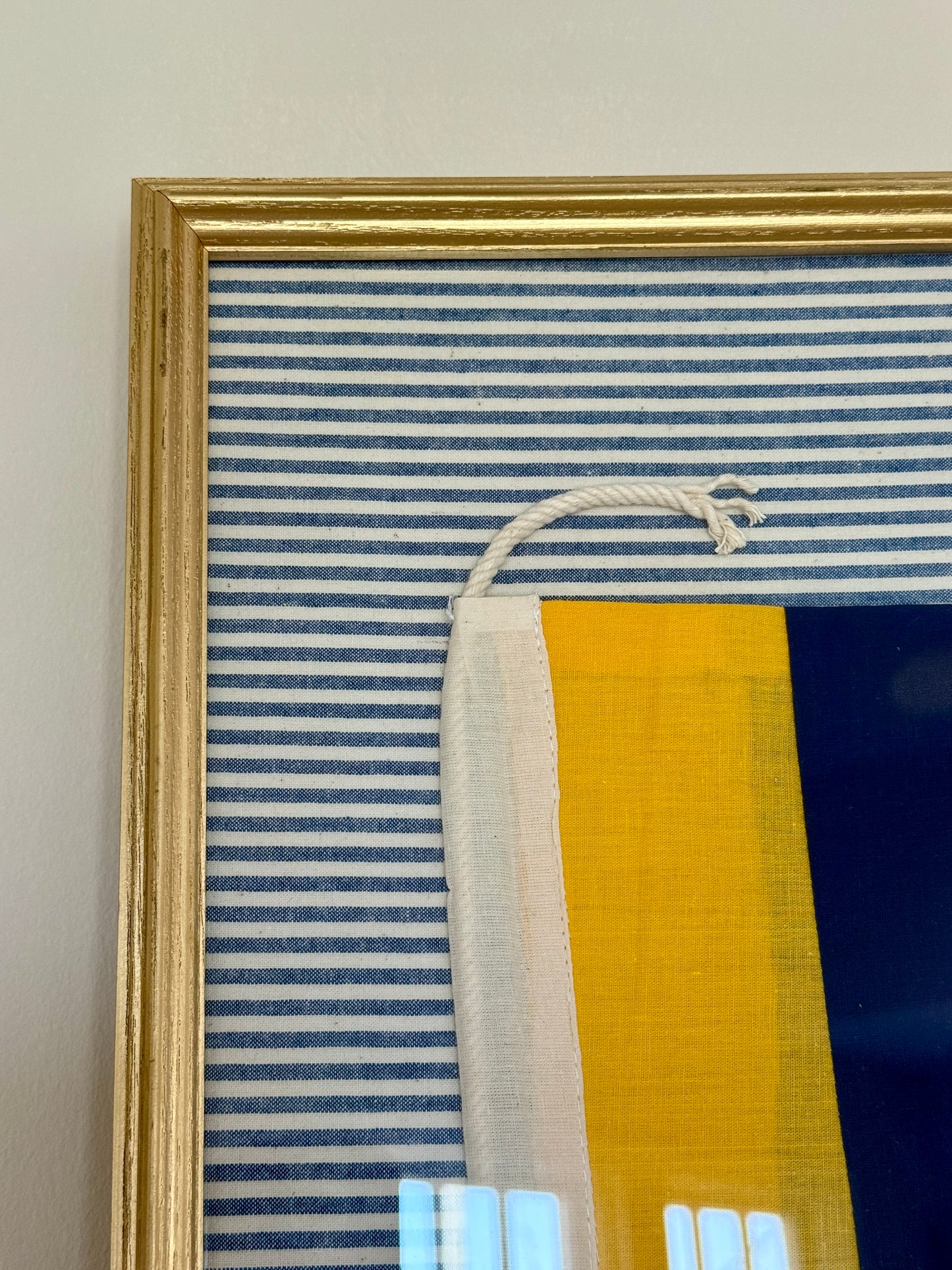 Vintage Cotton Canvas Nautical Yachting "G" Signal Flag on Blue Ticking Stripe in Gold Frame