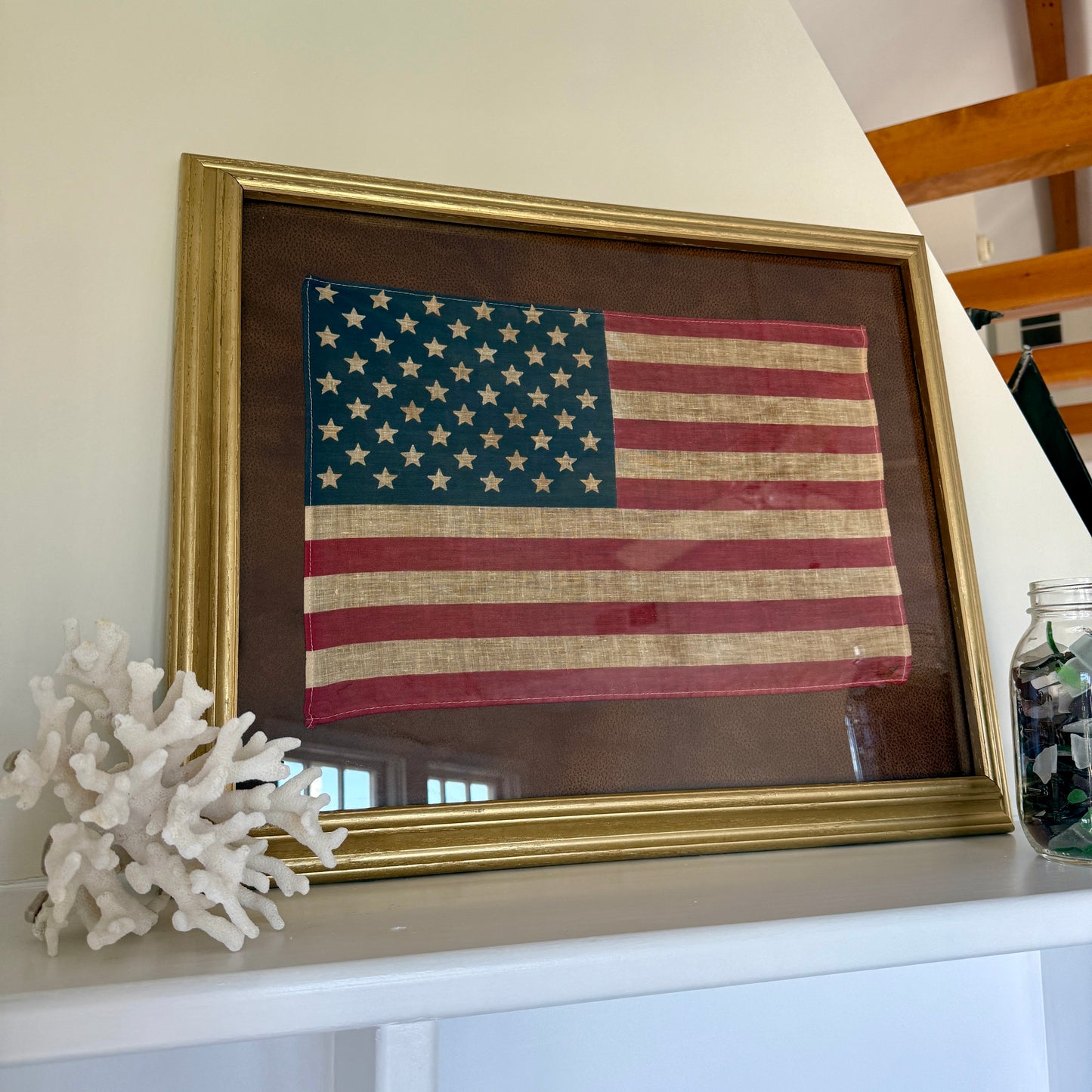 Vintage 50 Star American Flag on Faux Leather in Gold Frame