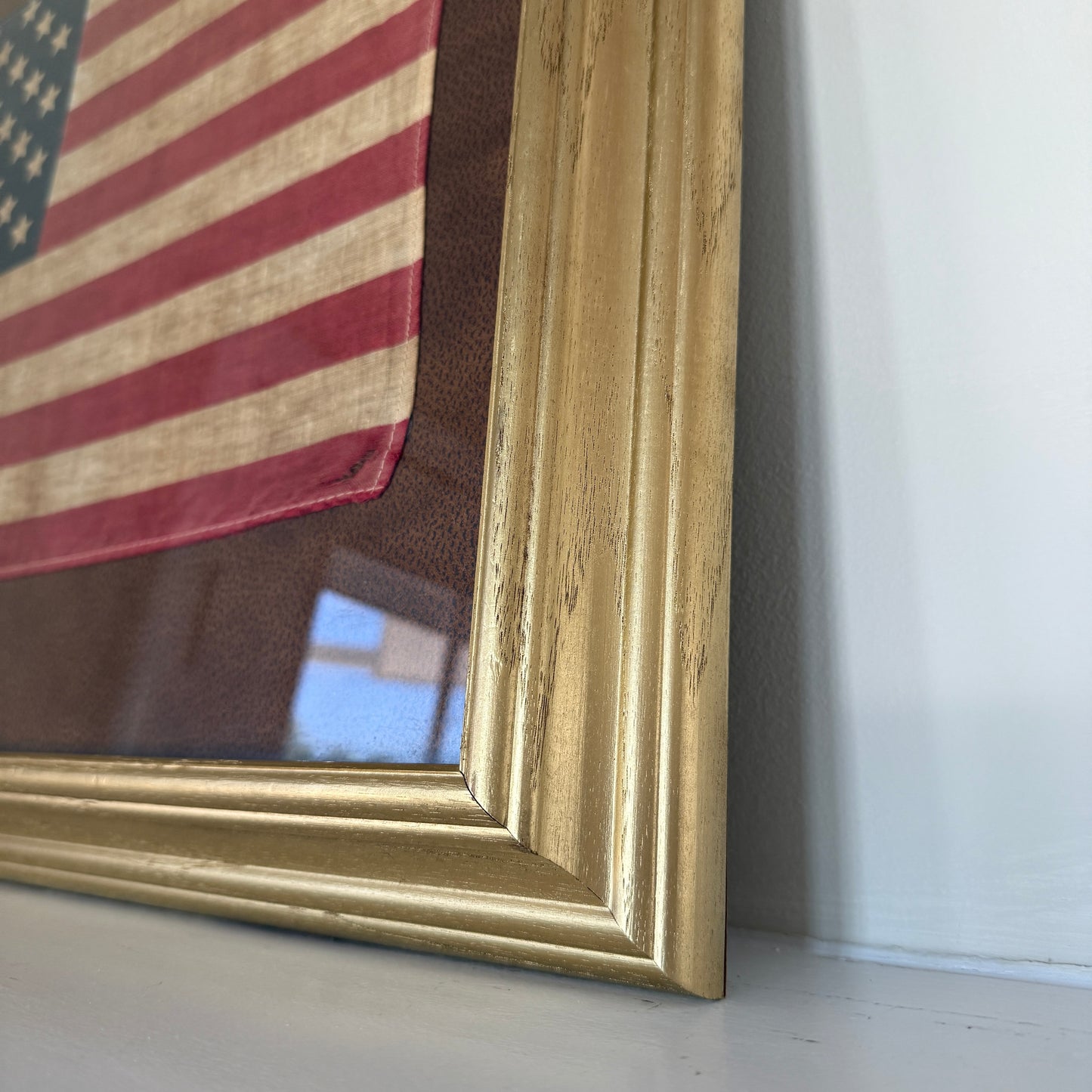 Vintage 50 Star American Flag on Faux Leather in Gold Frame