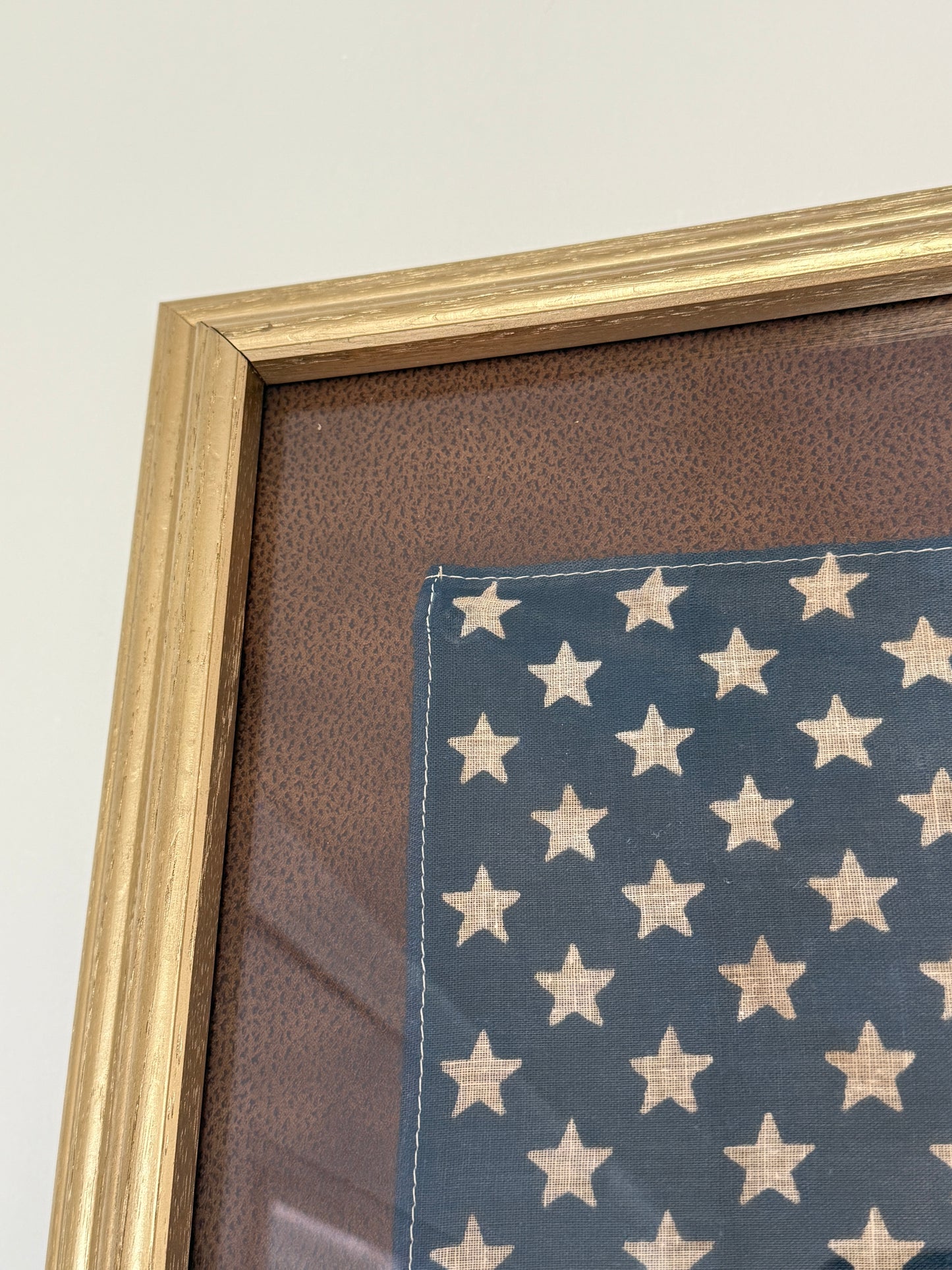 Vintage 50 Star American Flag on Faux Leather in Gold Frame