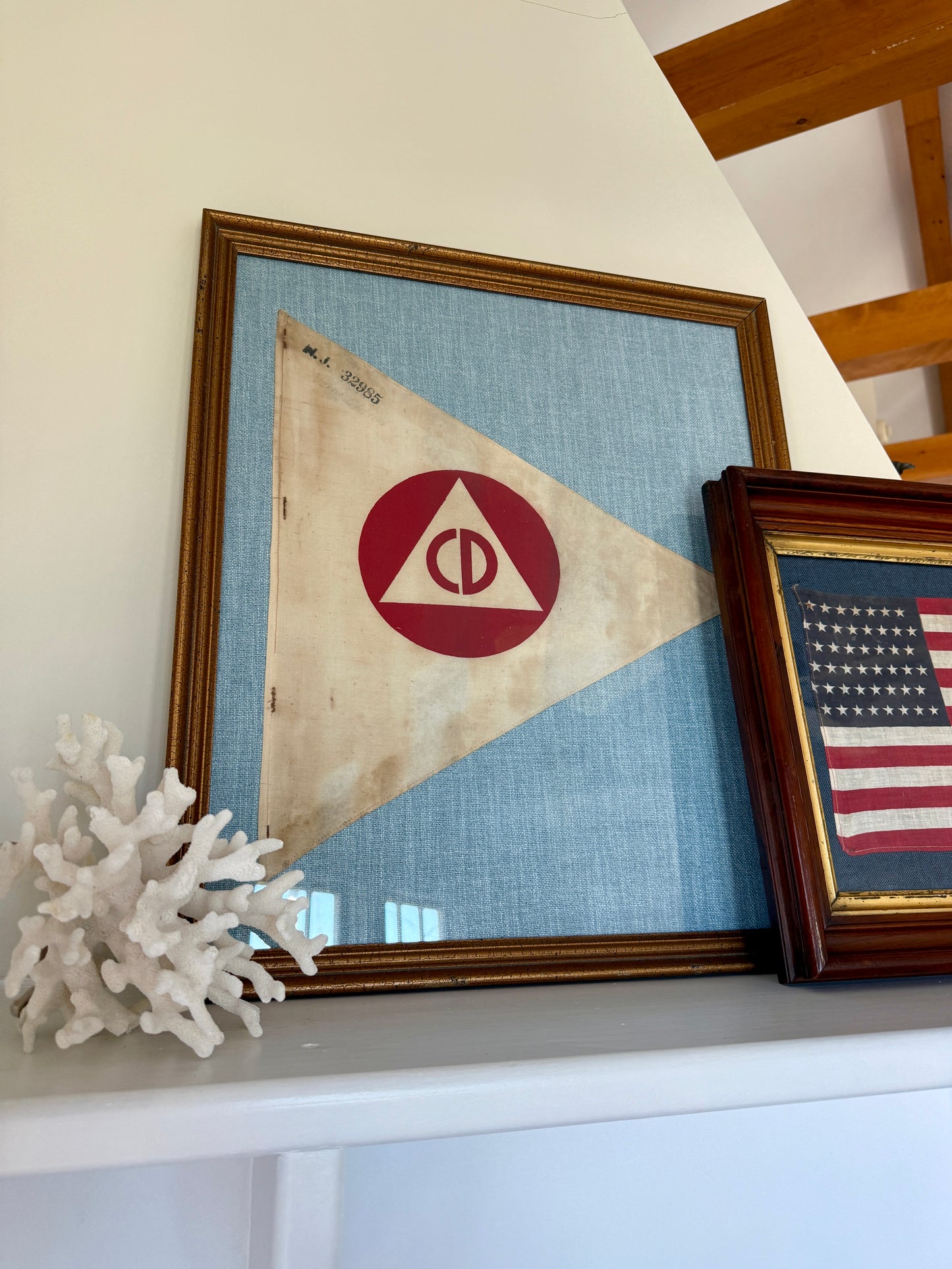 Original WWII United States Civil Defense Flag on Light Blue Tweed in Dark Gold Frame