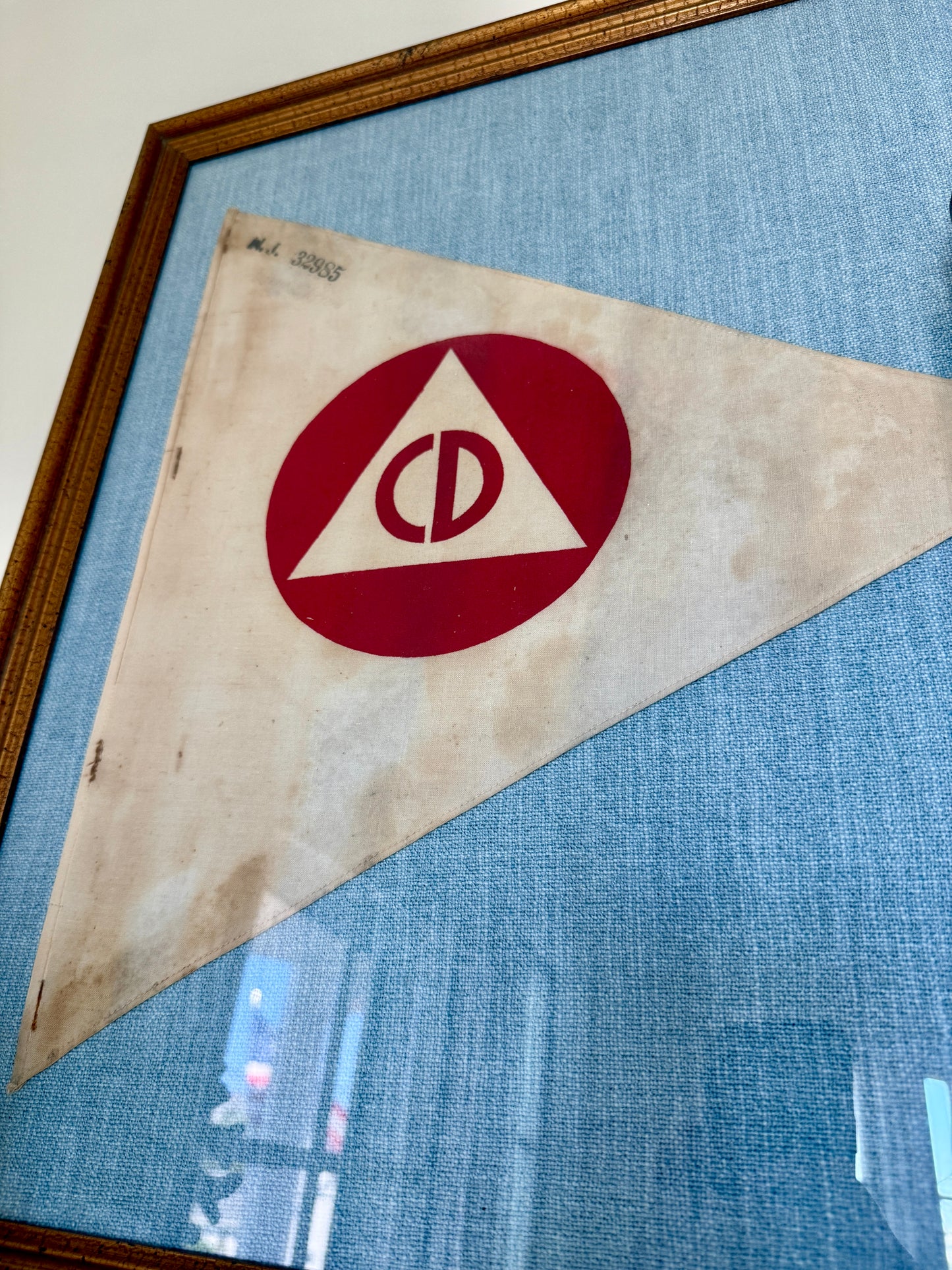 Original WWII United States Civil Defense Flag on Light Blue Tweed in Dark Gold Frame