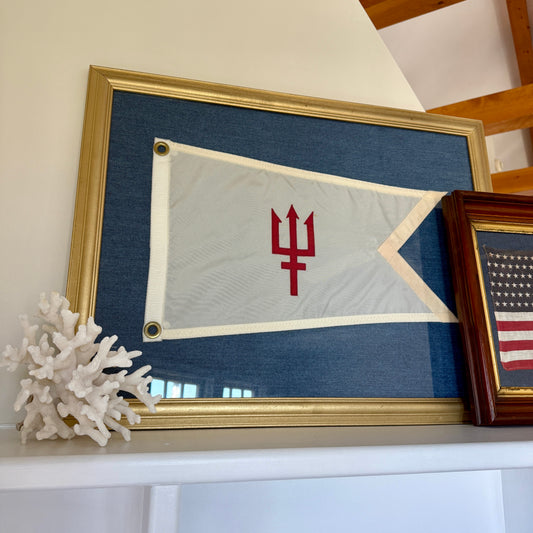 Vintage United States Power Squadron Boston Yacht Club Lieutenant Trident Flag Mounted on Blue in Gold Frame