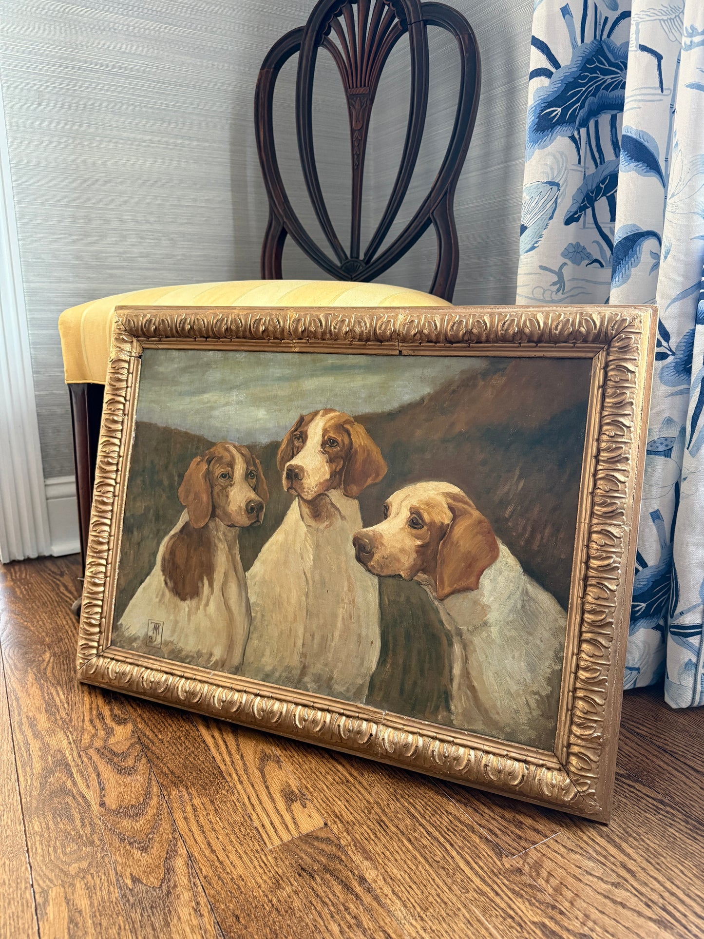 Manner of John Emms Portrait of Trio of Hunting Dogs Oil Painting in Ornate Gold Frame