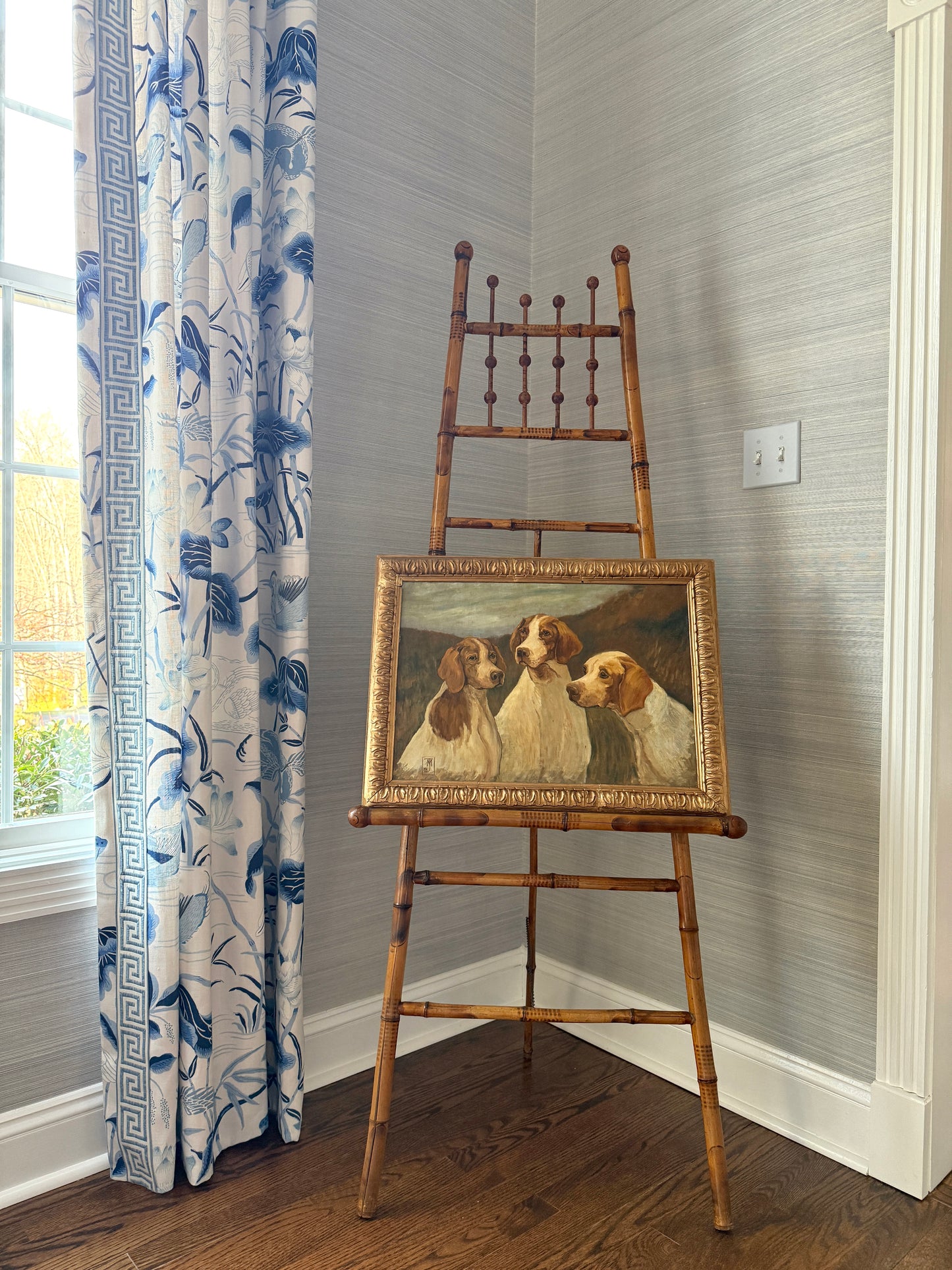 Manner of John Emms Portrait of Trio of Hunting Dogs Oil Painting in Ornate Gold Frame