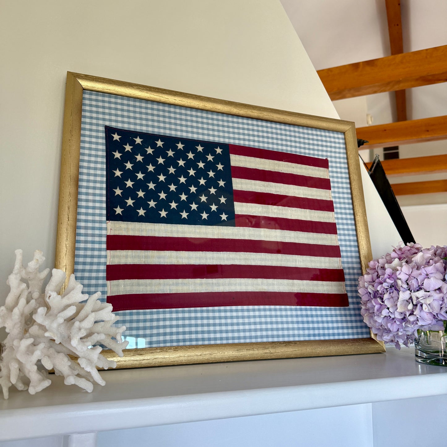 Vintage 50 Staggered Star American Flag on Light Blue Gingham Fabric in Gold Frame