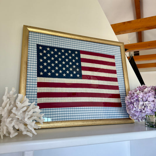 Vintage 50 Staggered Star American Flag on Light Blue Gingham Fabric in Gold Frame