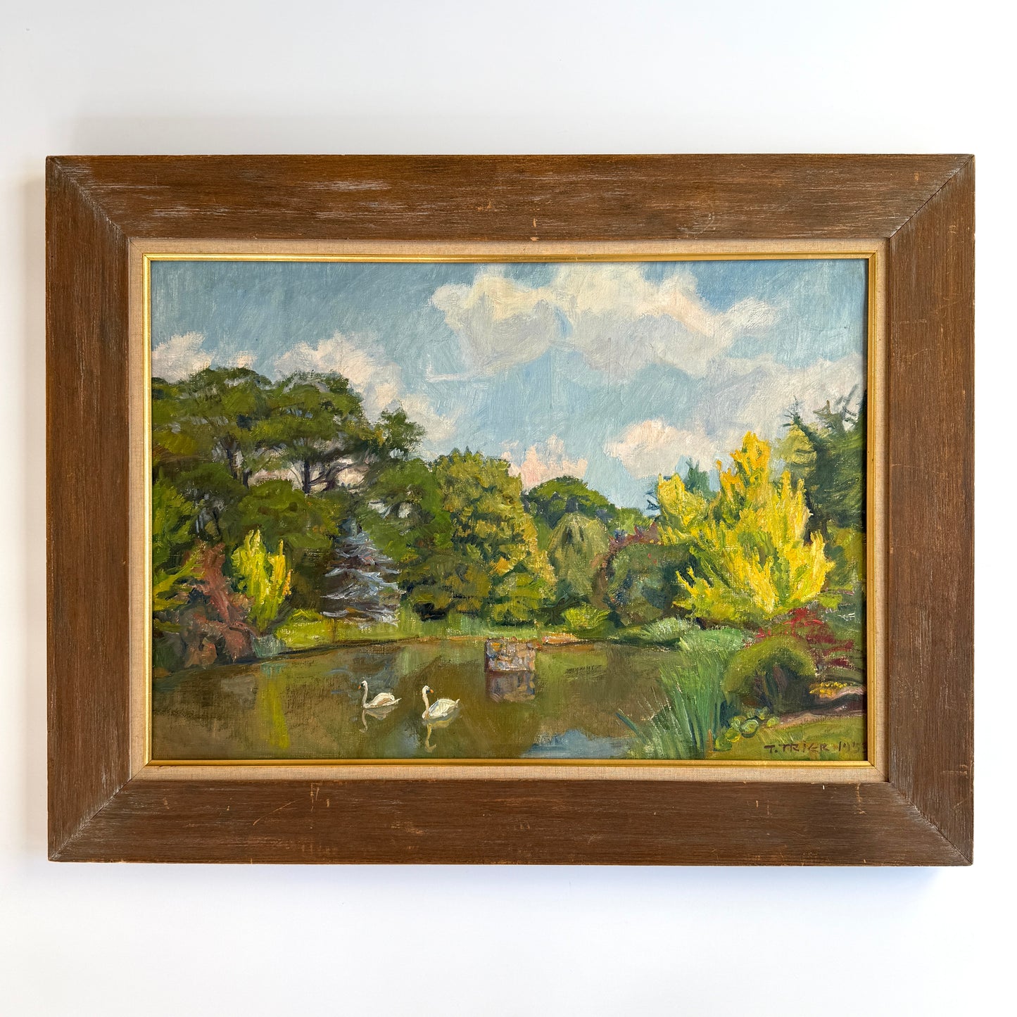 Troels Trier 1953 Impressionist Park Landscape with Swans in Pond Oil Painting in Wide Wood Frame