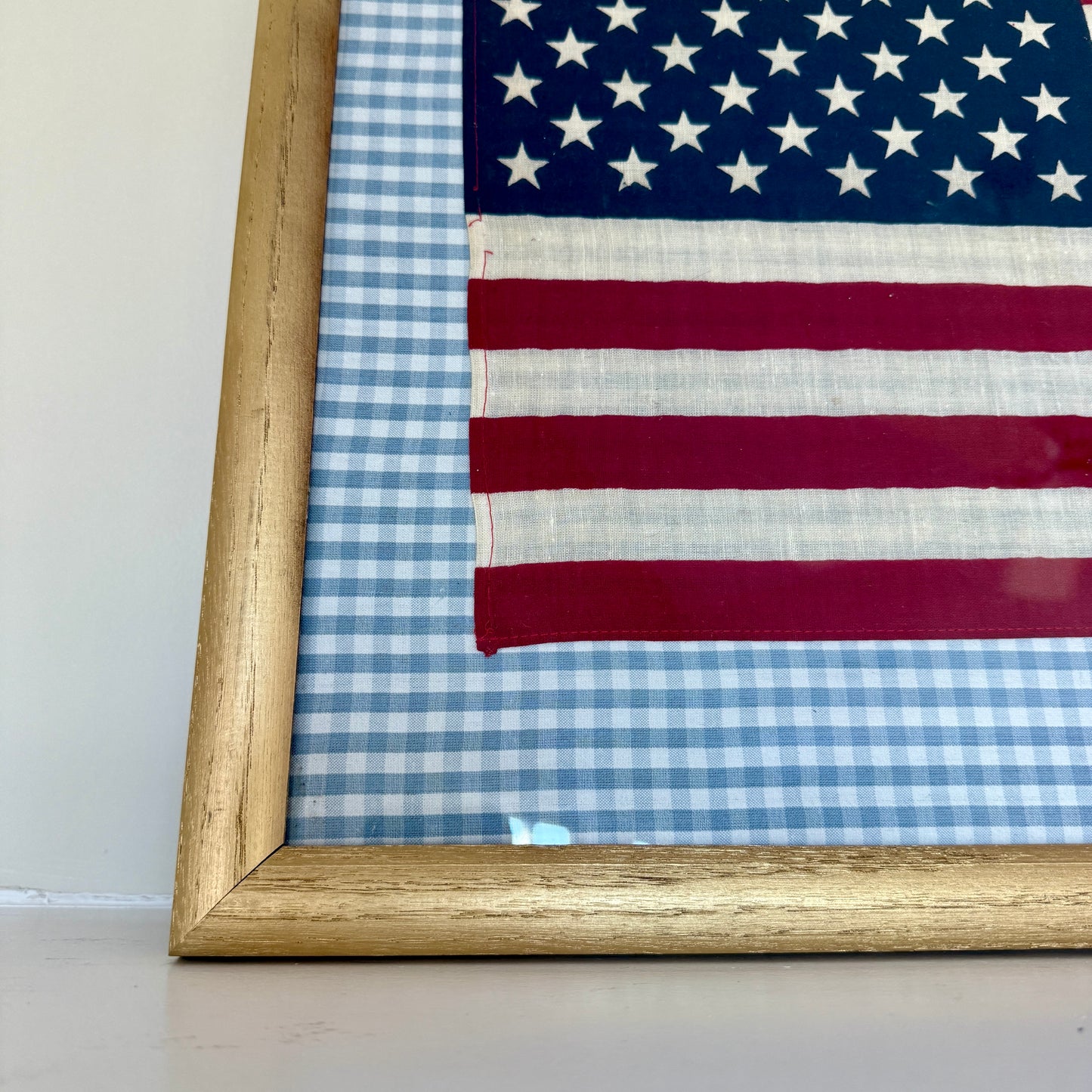 Vintage 50 Staggered Star American Flag on Light Blue Gingham Fabric in Gold Frame