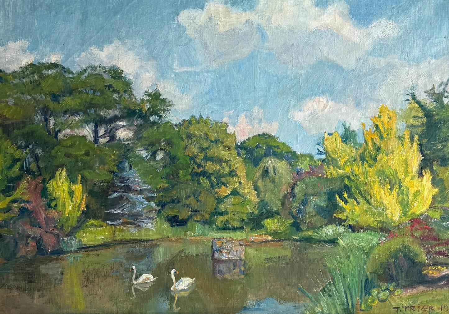 Troels Trier 1953 Impressionist Park Landscape with Swans in Pond Oil Painting in Wide Wood Frame