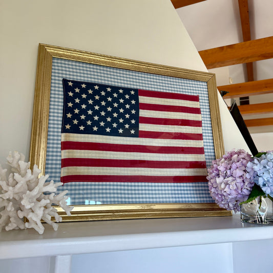 Vintage 50 Staggered Star American Flag on Light Blue Gingham Fabric in Gold Frame
