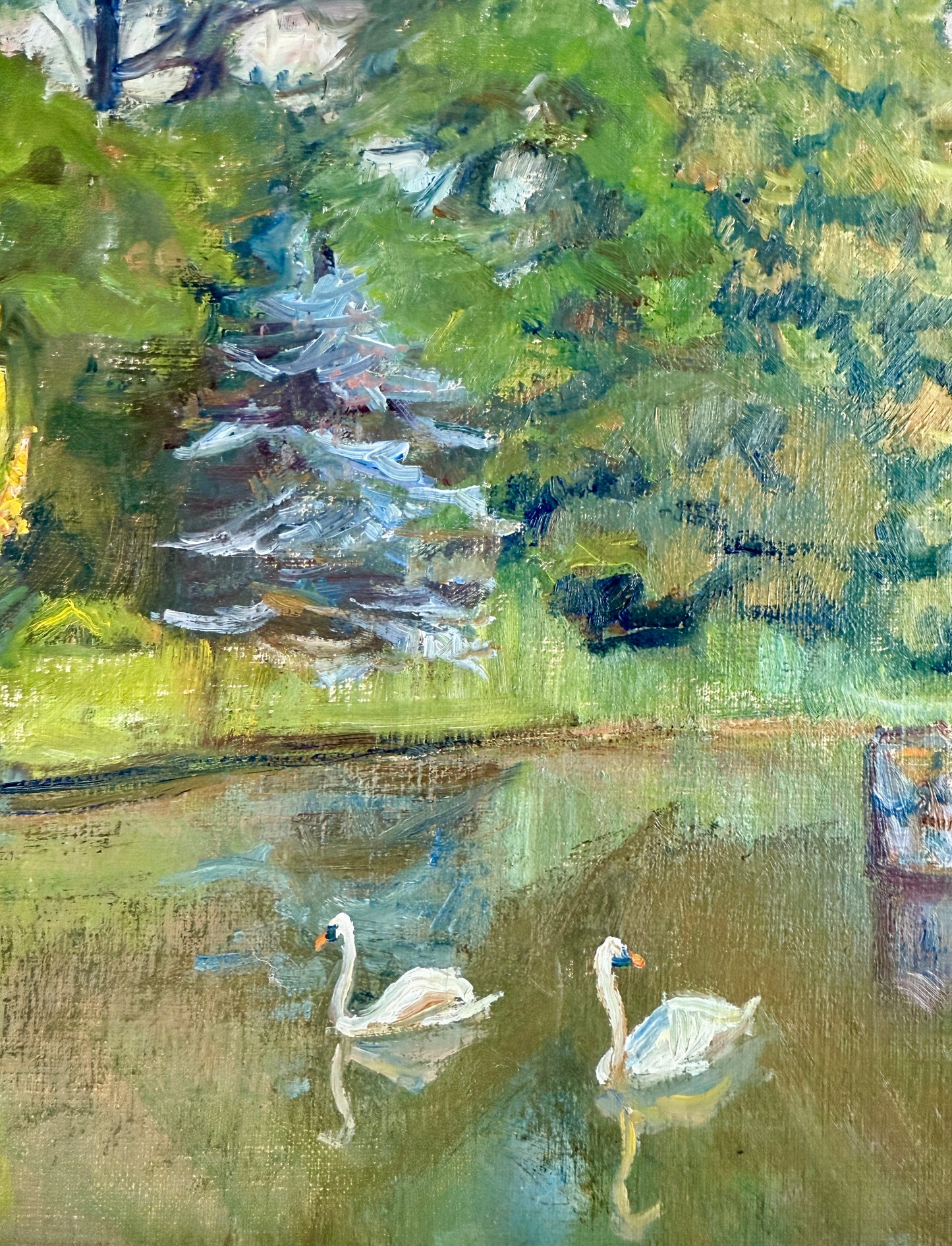 Troels Trier 1953 Impressionist Park Landscape with Swans in Pond Oil Painting in Wide Wood Frame