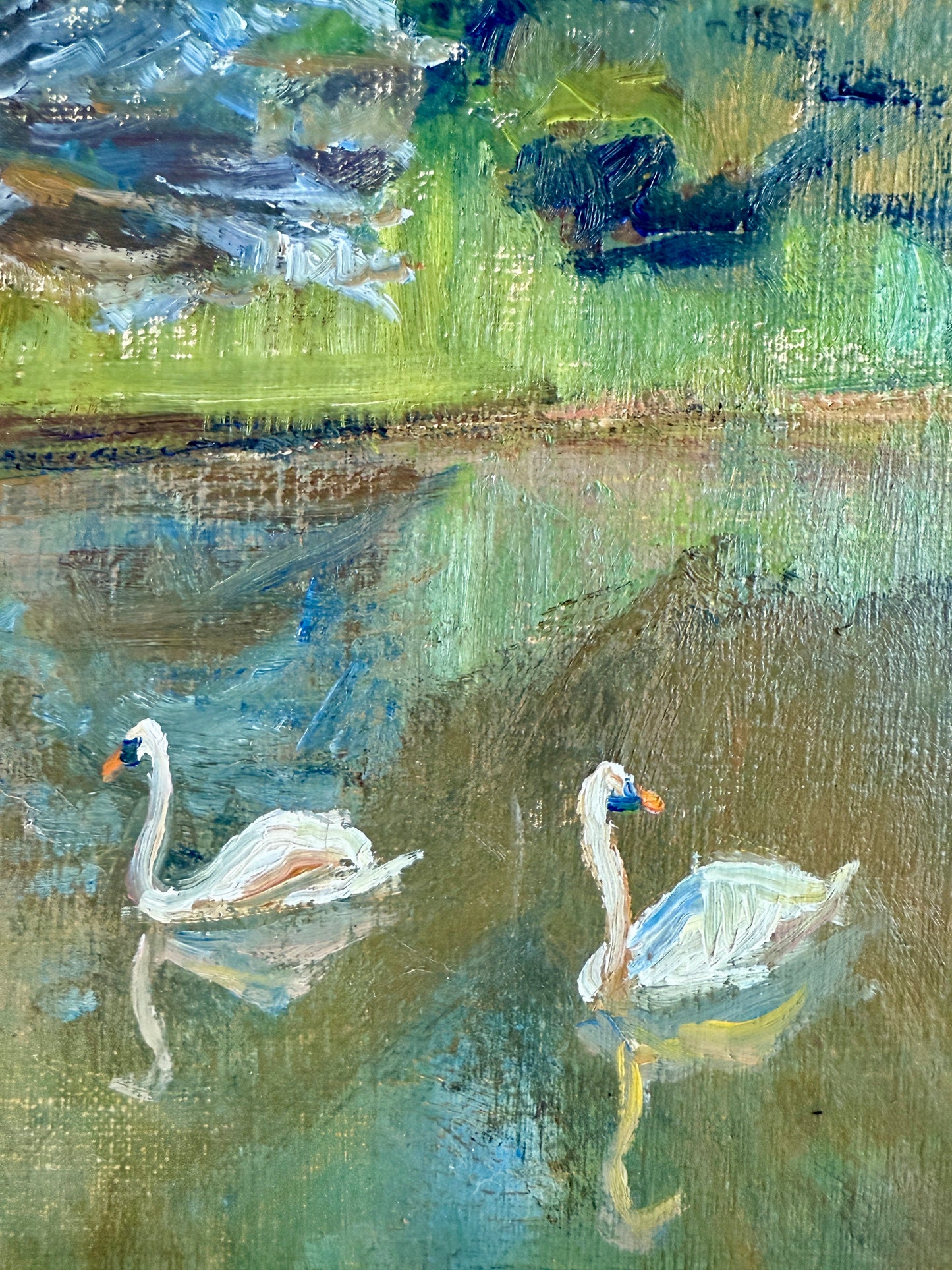 Troels Trier 1953 Impressionist Park Landscape with Swans in Pond Oil Painting in Wide Wood Frame
