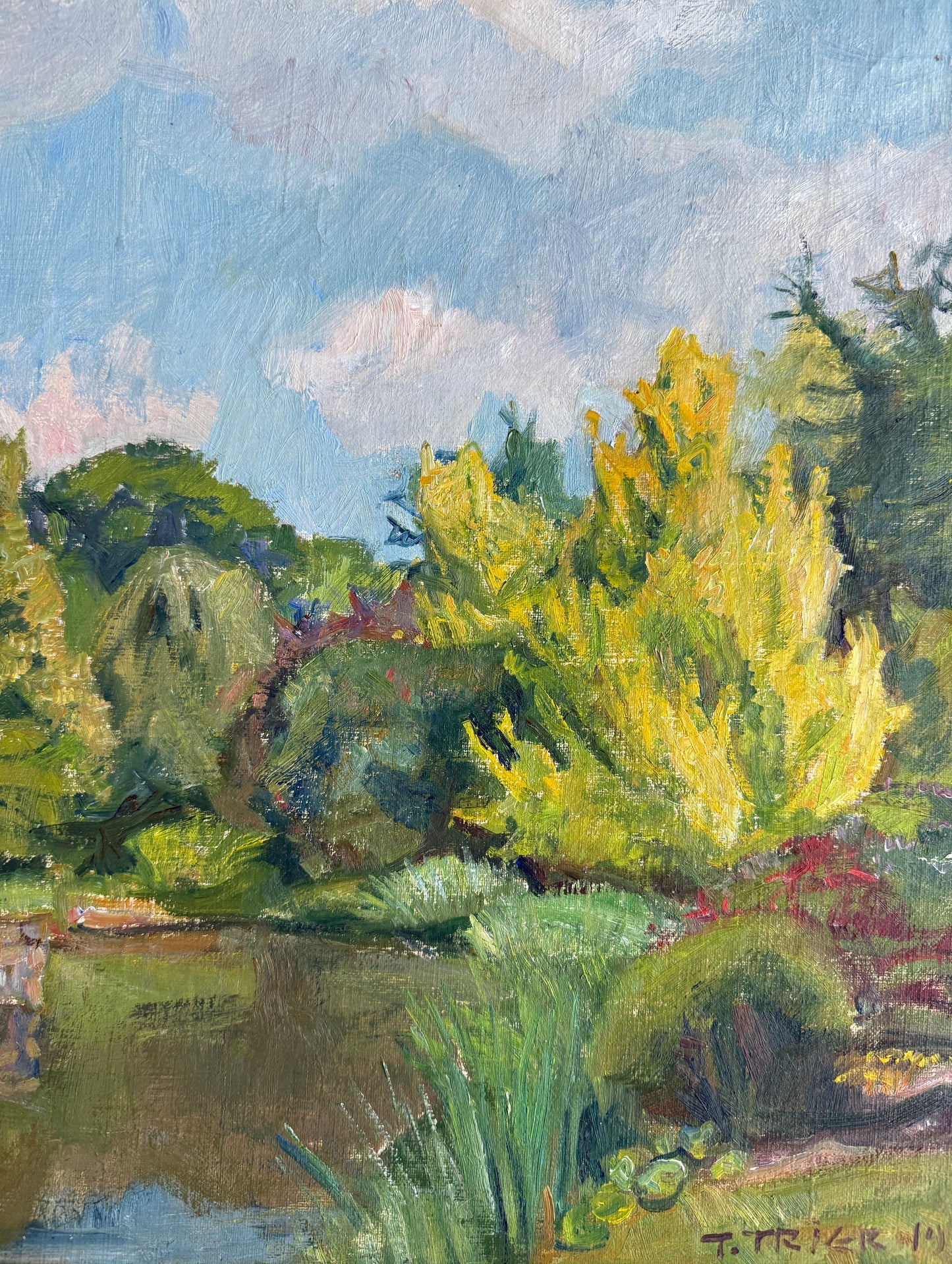 Troels Trier 1953 Impressionist Park Landscape with Swans in Pond Oil Painting in Wide Wood Frame
