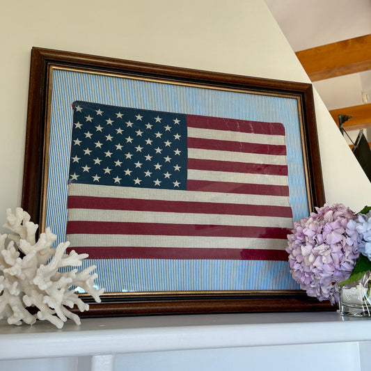 Vintage 50 Staggered Star American Flag on Blue Ticking Striped Fabric in Wood and Gold Frame