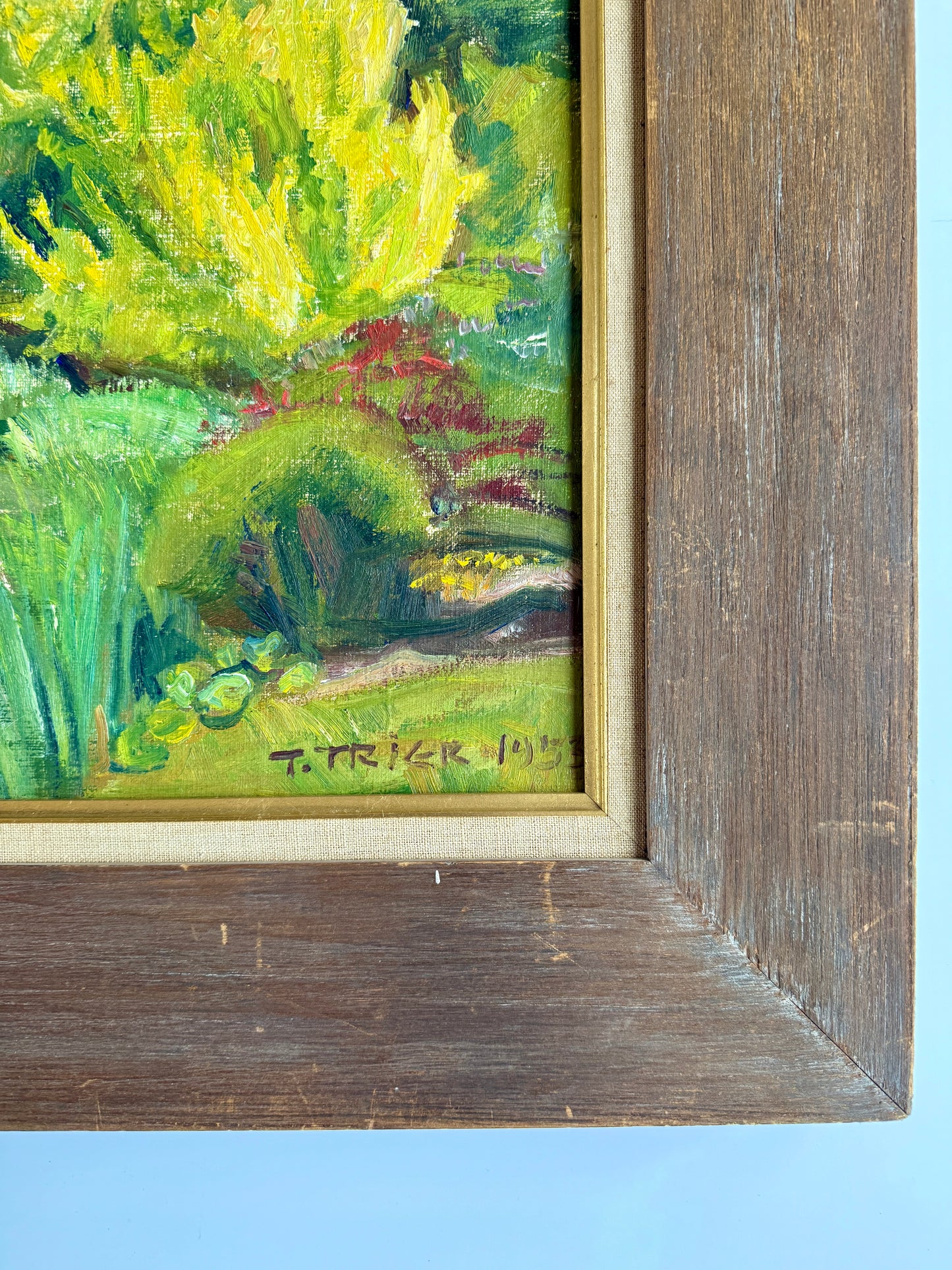 Troels Trier 1953 Impressionist Park Landscape with Swans in Pond Oil Painting in Wide Wood Frame