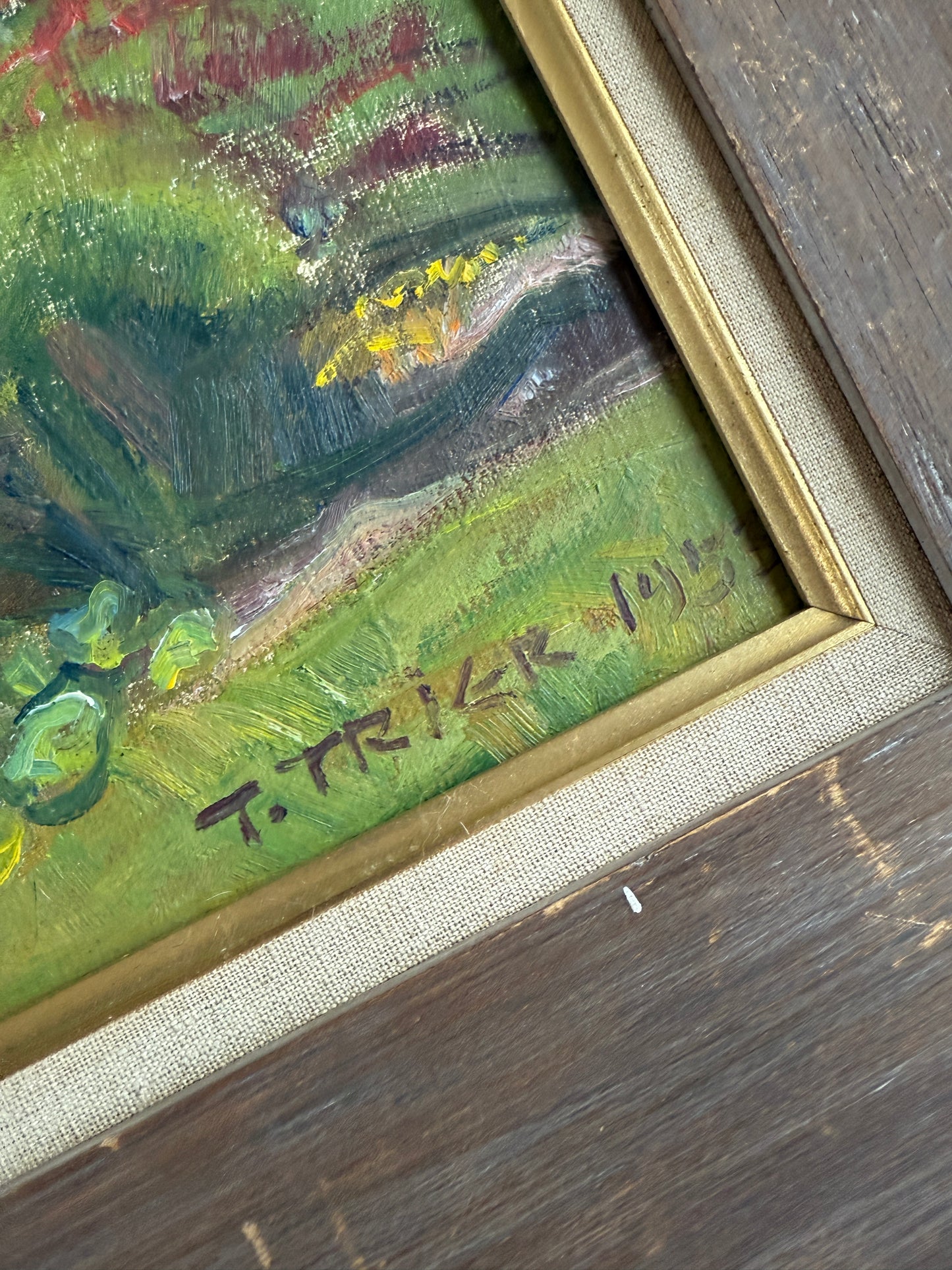 Troels Trier 1953 Impressionist Park Landscape with Swans in Pond Oil Painting in Wide Wood Frame
